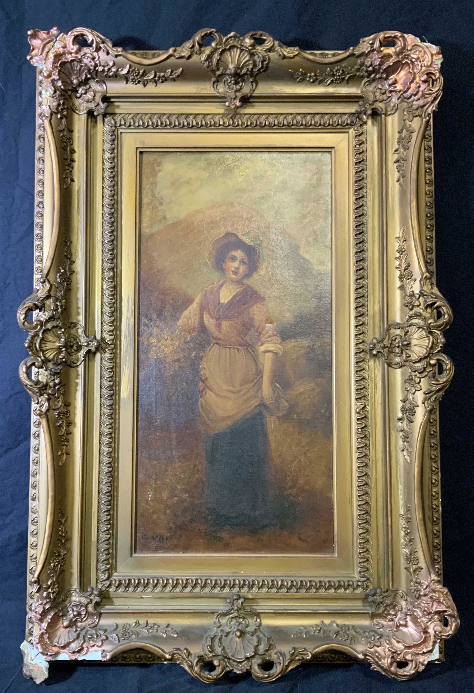 LIPPO Signed Oil Painting Canvas Portrait Artwork: Lippo signed oil on canvas portrait painting, signature to the lower left corner reads ‘M.L. Lippo’, subject a portrait painting of a woman holding a basket of flowers, grande plaster cast frame p