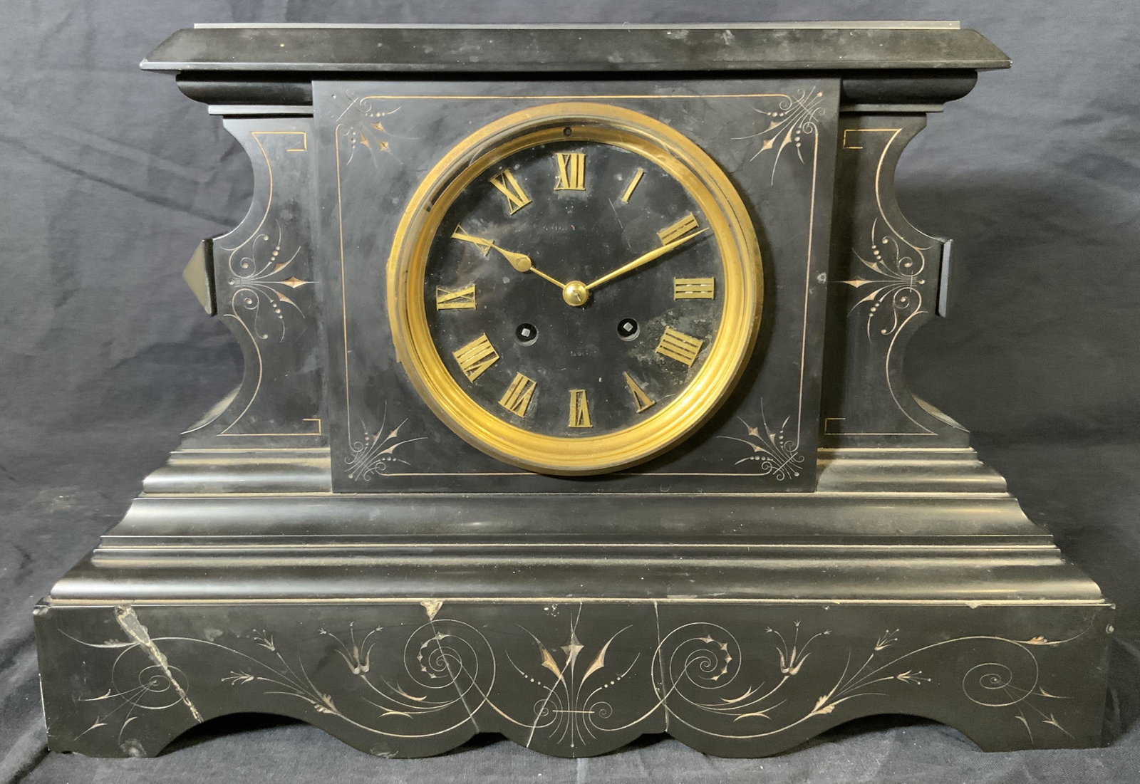 Vintage Slate Mantel Clock: Vintage Slate Mantel Clock, inscriptions to face of clock illegible, incised abstracted designs, measures 10 1/4 x 15 inches, some chips and cracks to stone, Vintage, mantel clock, table clock, decora