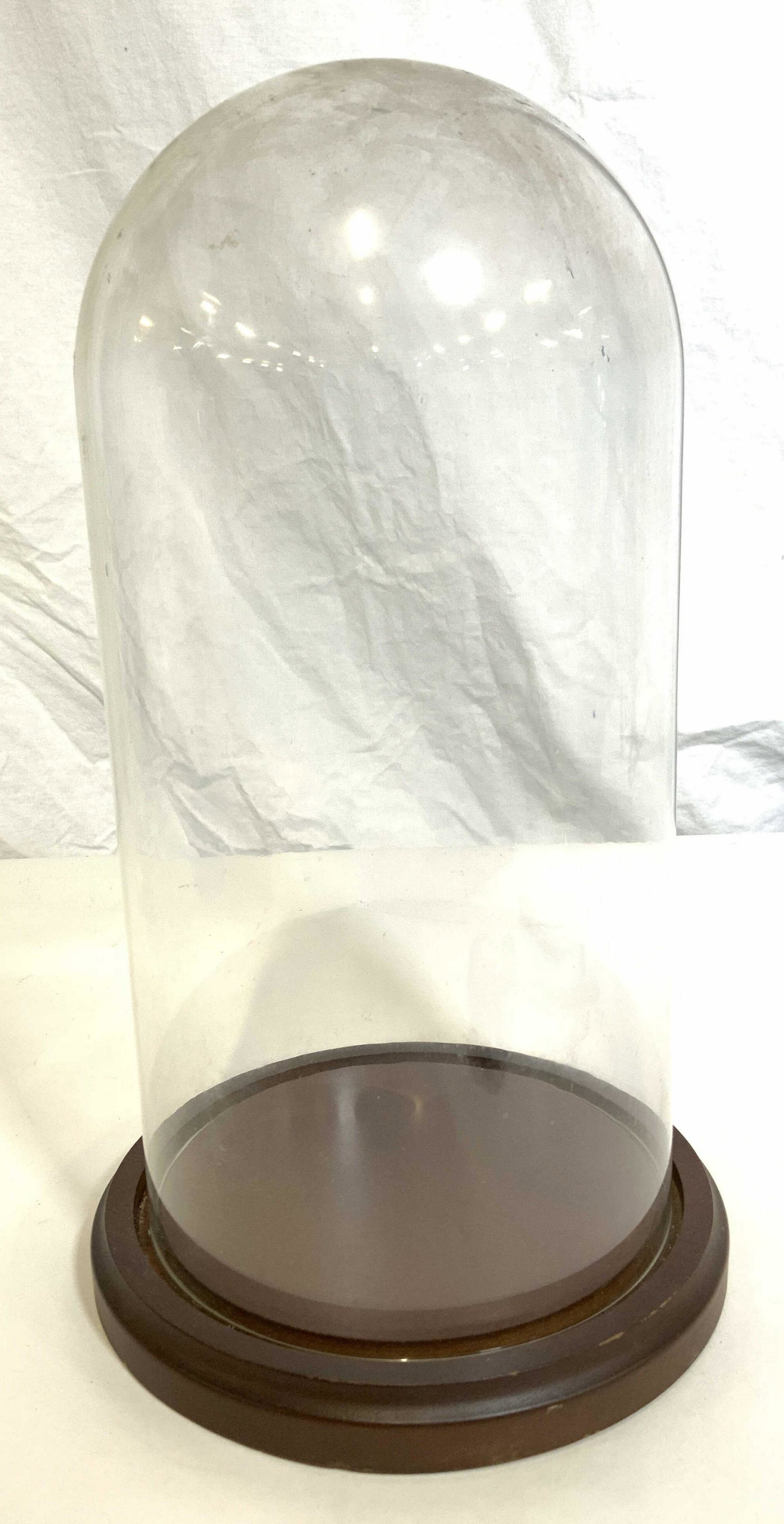 Glass Cloche w Wooden Base: Glass cloche with wooden base, possibly vintage. Measures approx 12 inches H, and 6.75 inches W. Wear is consistent with age. Gardening, botany, flower enclosure, terrarium, decorative arts, decorativ