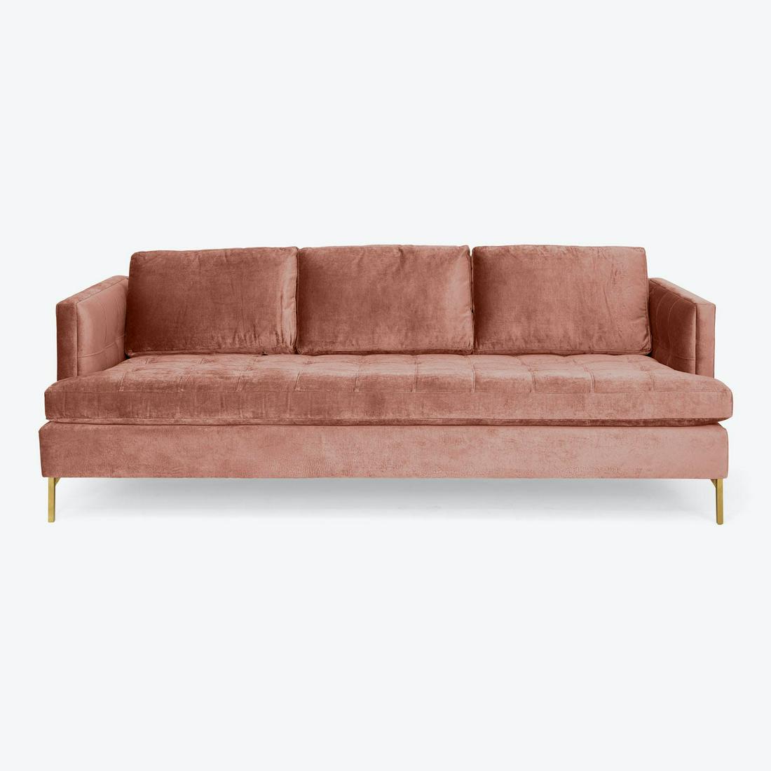 COBBLE HILL Handle Boutique Sofa, ABC Carpet & Home: Pink velvet material upholstered sofa, handmade, by Cobble Hill, Sold exclusively by ABC Carpet and Home. Some general surface wear. Photos and following description from ABC Home listing; Upholstered