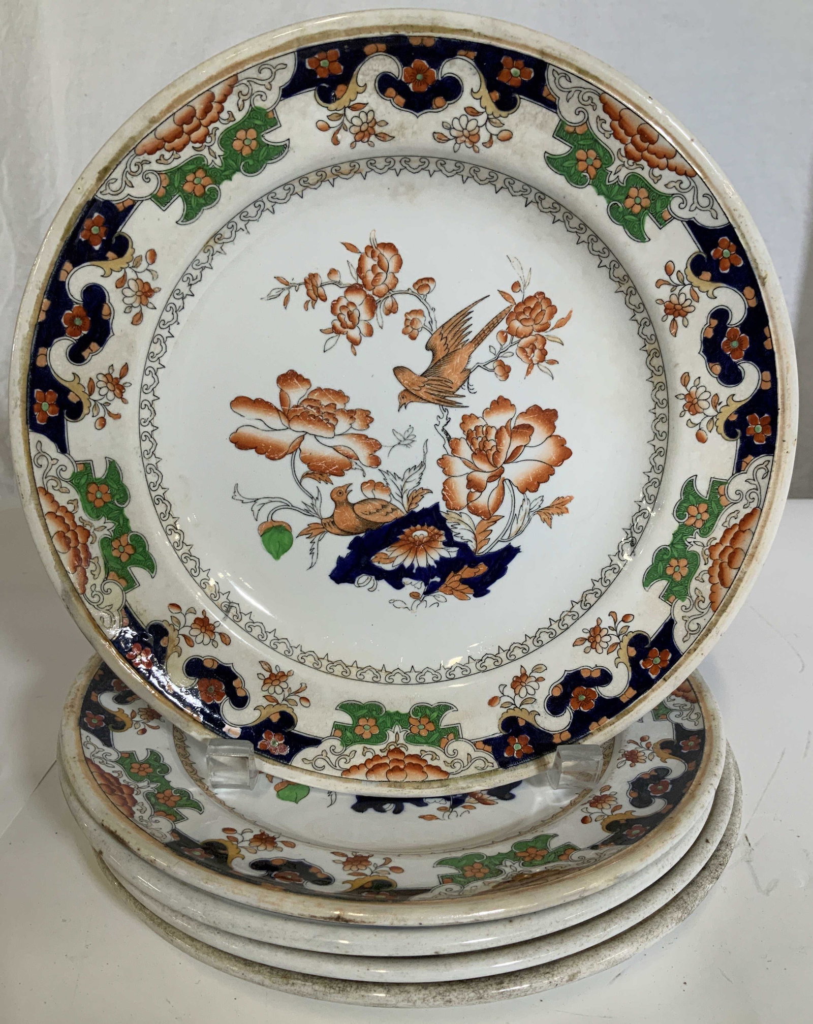 Set 5 Hallmarked MINTON Ceramic Plates: Vintage Minton plates, hand painted ceramic, each plate heavy weight, thick walled porcelain, Hallmarked on verso- impressed with MINTON & stamped hallmark. Handwritten plate numbers - each plate diff