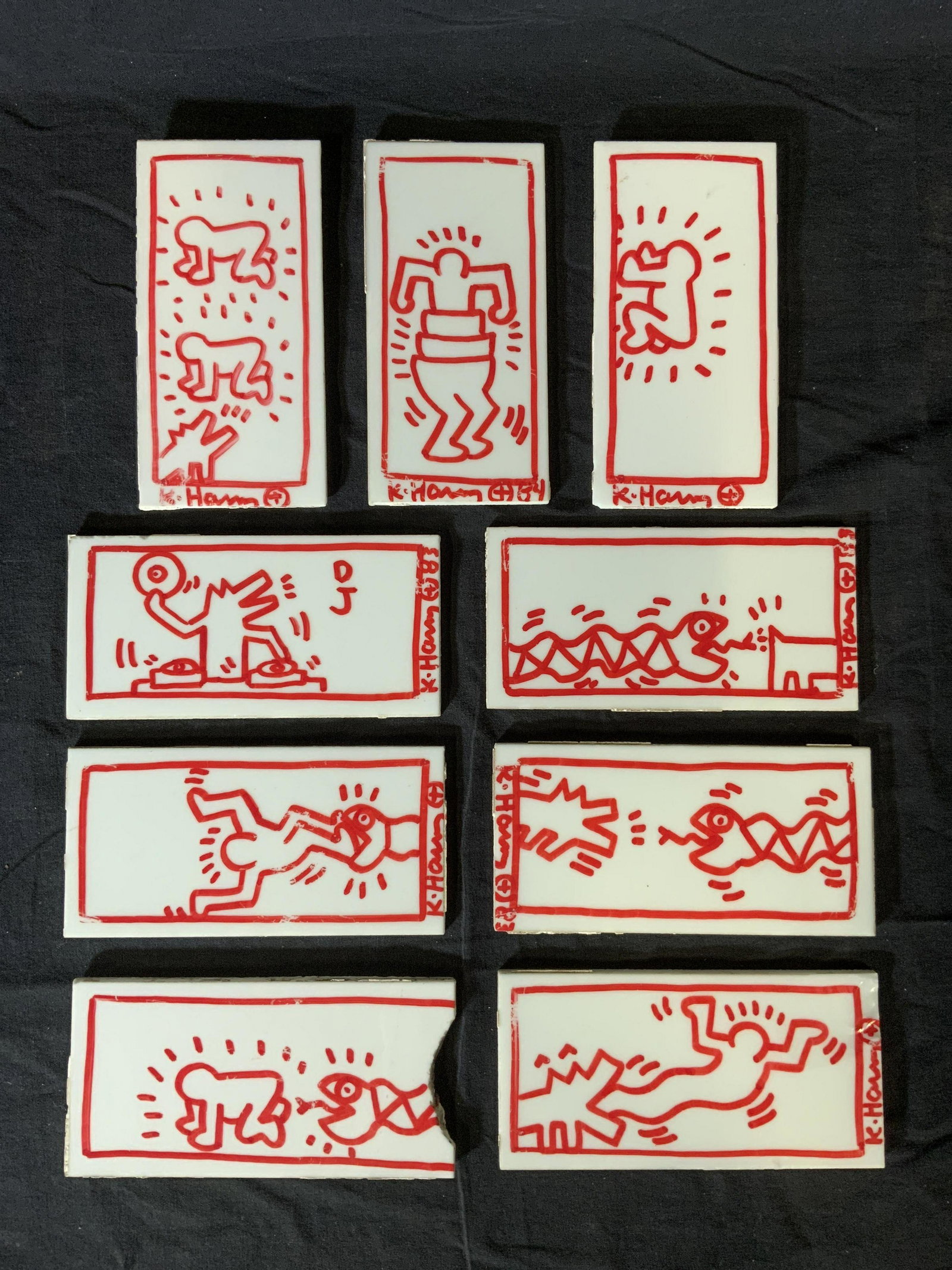 Lot 9 Signed Bathroom Tiles AFTER KEITH HARING: Lot 9 Signed Bathroom Tiles AFTER KEITH HARING, signatures read ‘K HARING 83’, and ‘K HARING 84’, Please Note: All lots that do not carry established documented provenance nor any past record 