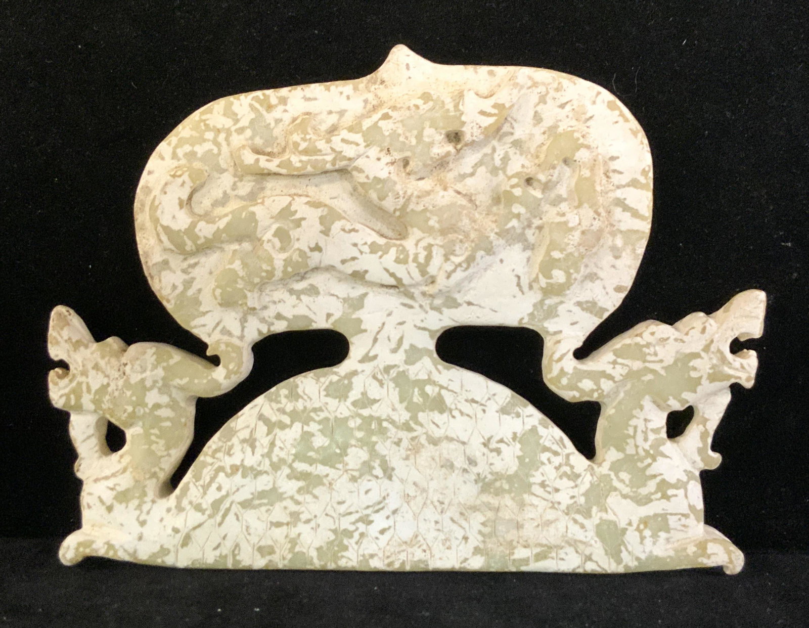 Asian Natural JADEITE DRAGON Stone Ornament: A carved, etched, and polished jadeite ornament depicting three dragons. The two dragons are depicted facing away from one another on either side of the jadeite piece. Third dragon is carved into the 