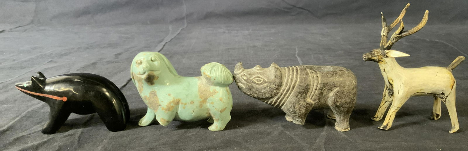 Lot 4 Wood & Stone Animal Figurines: Lot 4 Wood & Stone Animal Figurines, no apparent inscriptions or marks, bear measures 1 5/8 inches tall x 2 7/8 inches at widest point, deer measures 3 1/2 inches tall x 2 5/8 inches at widest point,