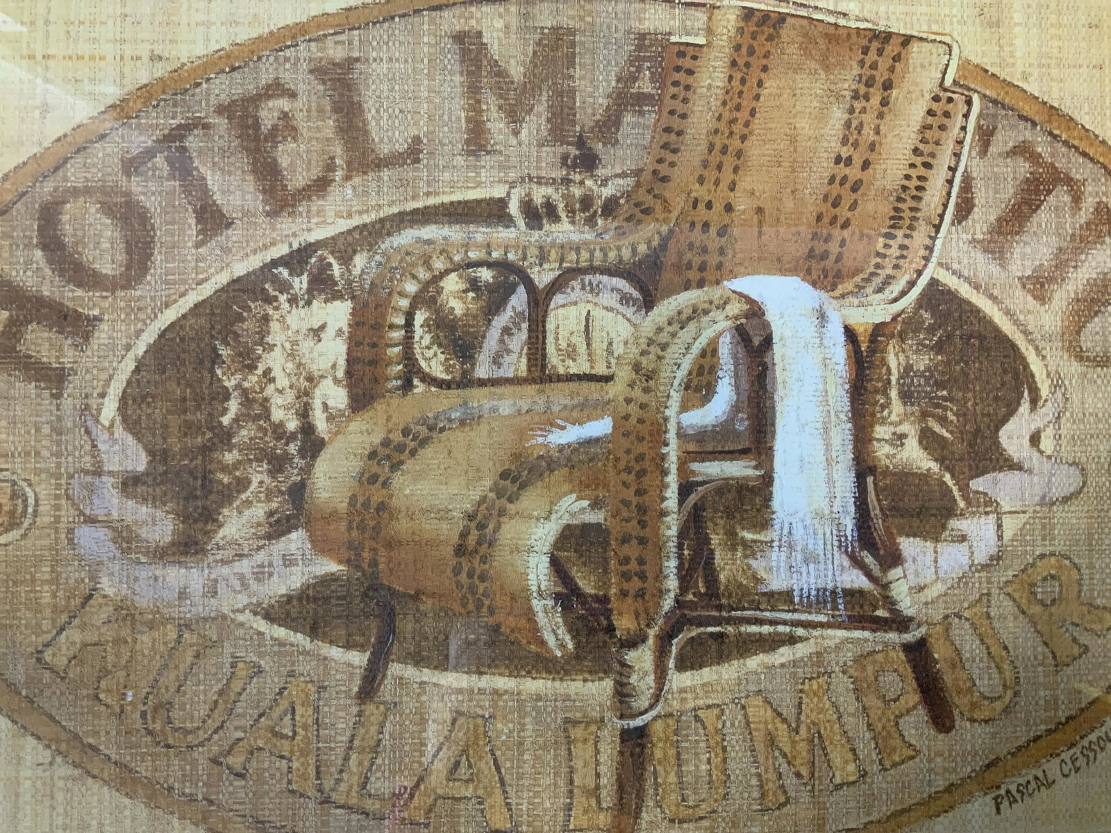 PASCAL CESSOU Hotel Majestic Offset Lithograph Art: PASCAL CESSOU Hotel Majestic Offset Lithograph, inscription to lower right reads ‘Pascal Cessou’, inscription reads ‘Hotel Majestic Kuala Lumpur’, subject a chair in front of signage, measures