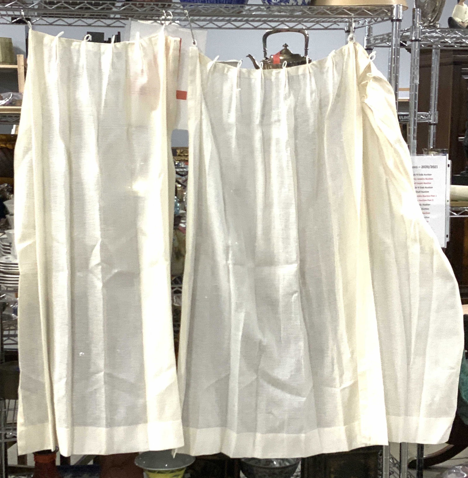 Set 5 Handmade & Hand sewn panel curtains: Cotton semi transparent fabric, off white, check - gingham monochrome pattern. App 45 in. Long. Each panel has hanging loops sewn to top and each has a slightly different size width. 4 panels measure 