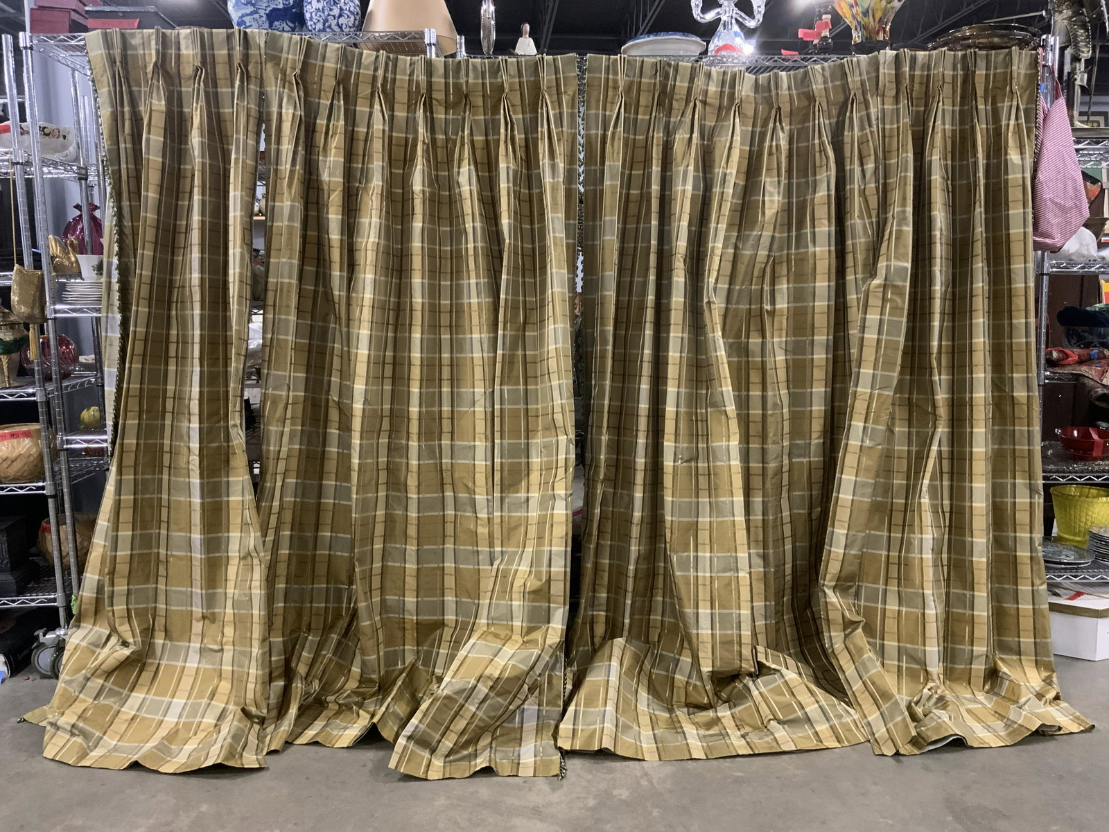 Set 5 Plaid Curtains & Valence: Set 5 Plaid Curtains & Valence, smaller curtains measure approximately 87 1/2 x 20 1/8 inches, larger curtains measure approximately 87 1/2 x 34 3/4 inches, valence measures approximately 110 x 12 3/4