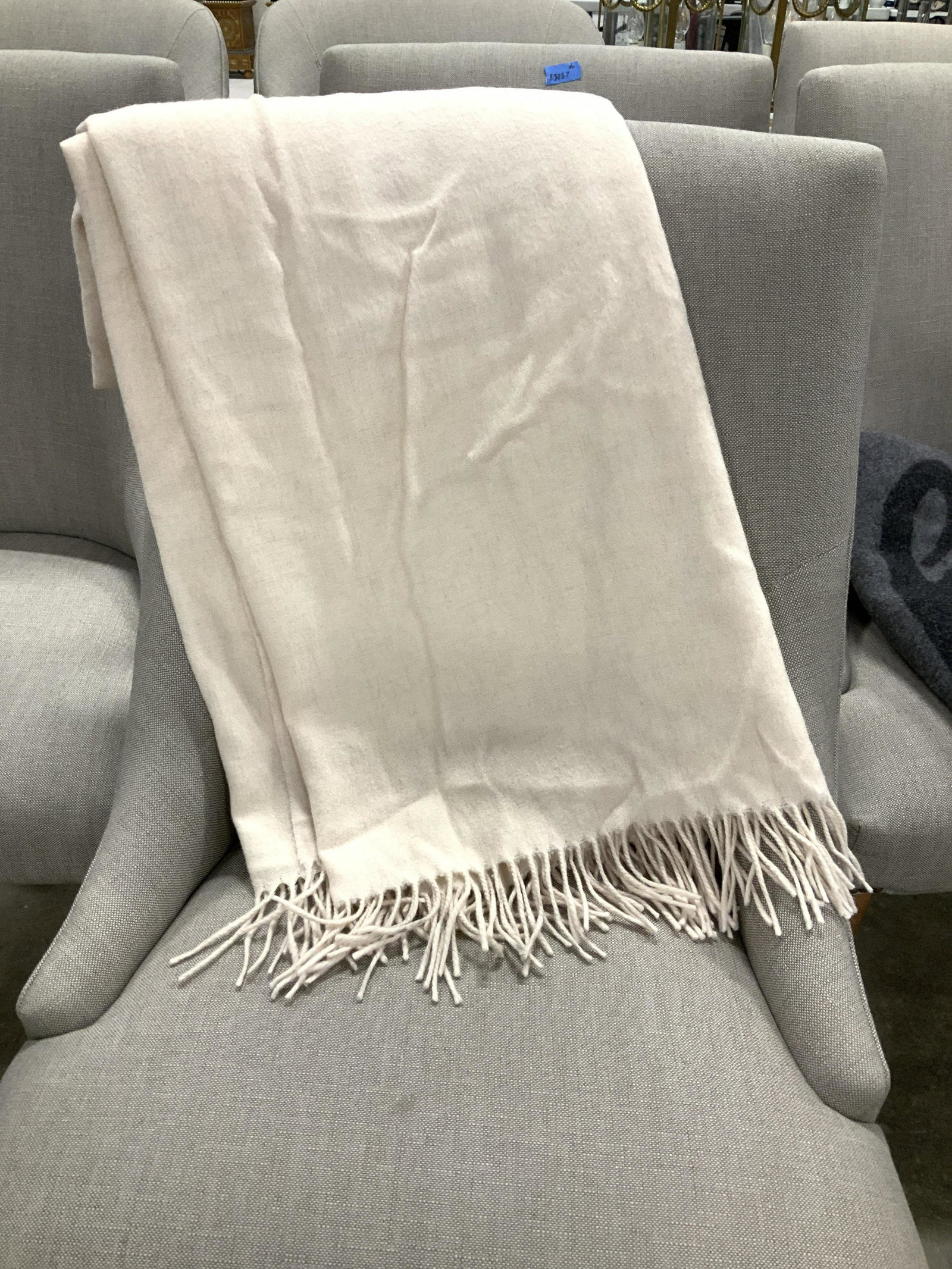 WONDER Fringe Wool Blanket, Toss Blanket: Cream color blanket, 100% wood, original design label attached with fabric label. Dual end fringe. 48 x 68 in. Blanket, throw blanket, toss blanket, wool blanket , Designer Wonder, Cream wool, Textile