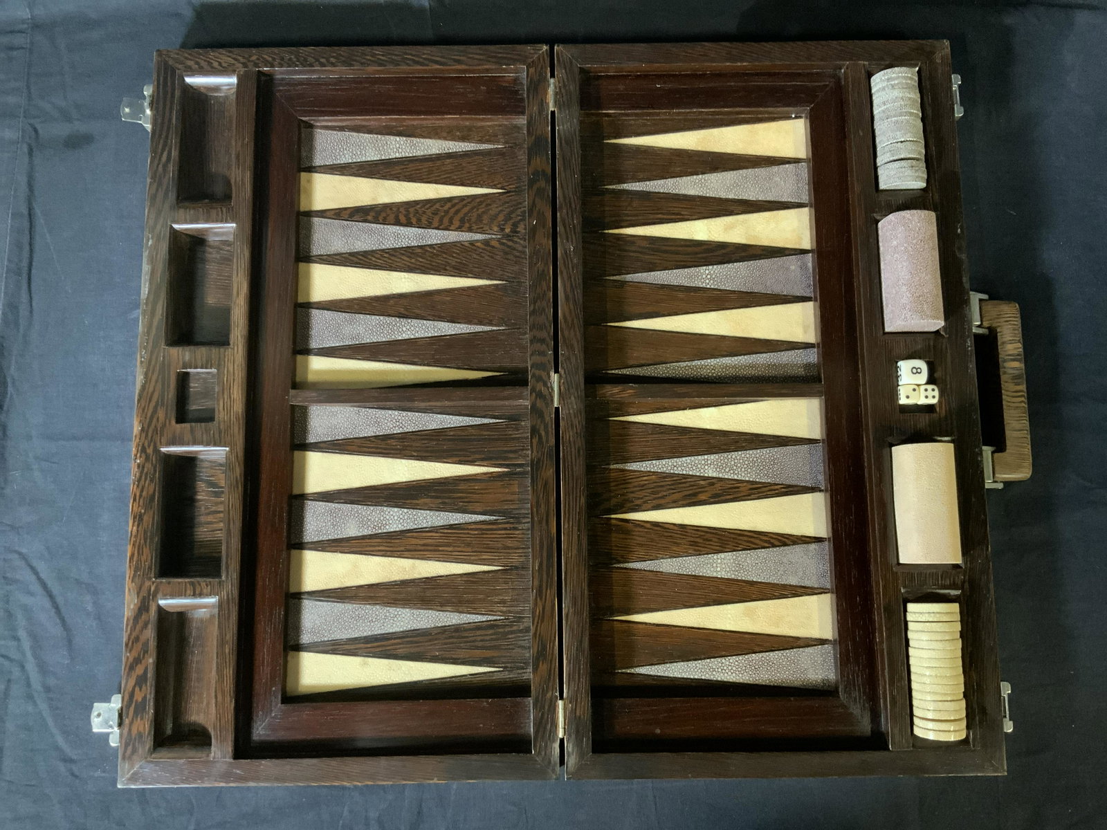 Faux Stingray Patterned Backgammon Set: Faux Stingray Patterned Backgammon Set, no apparent inscriptions or marks, three dice, two dice cups, and 30 pieces, measures 22 1/4 x 12 1/2 inches, 2 1/2 inches tall, some wear to set from use, Back