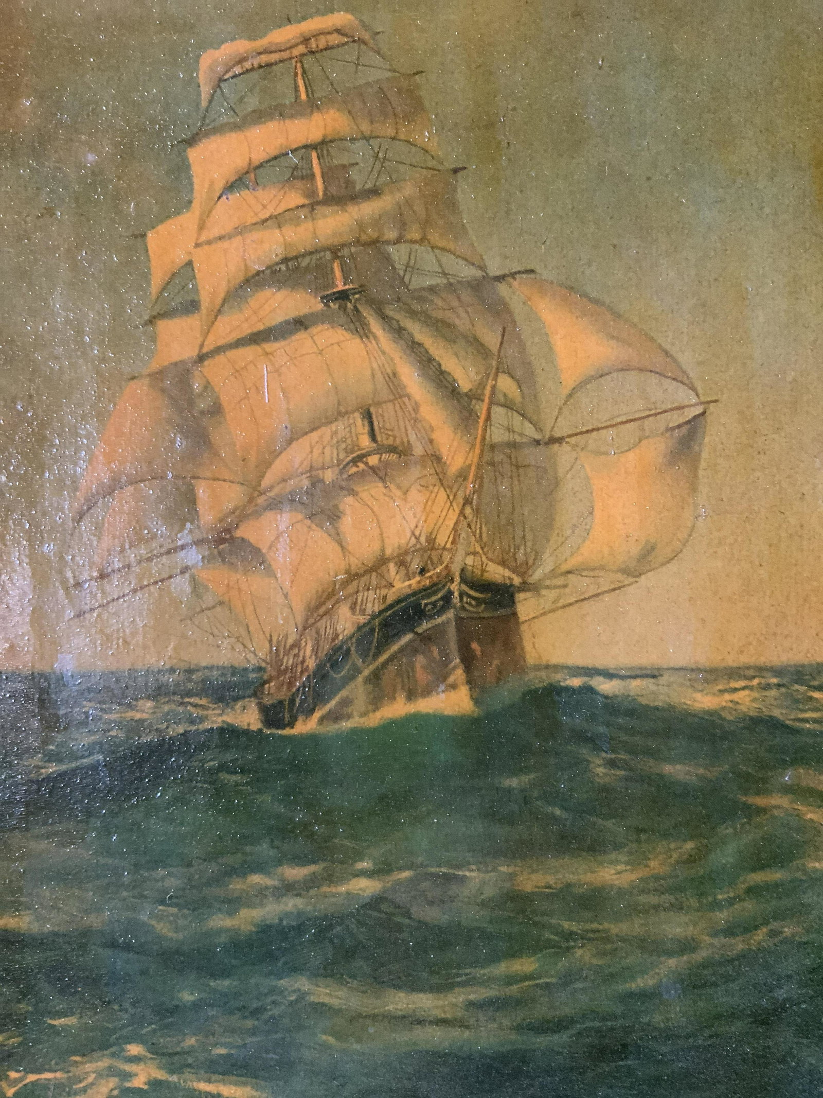 Offset Lithograph of Ship and Seascape, Artwork: Offset Lithograph of Ship and Seascape, inscription to reverse reads ‘Feb 28 1957 Your Secret Pal?’, subject a boat on water, measures 12 1/2 x 10 3/8 inches, gilt wooden frame, some wear to frame