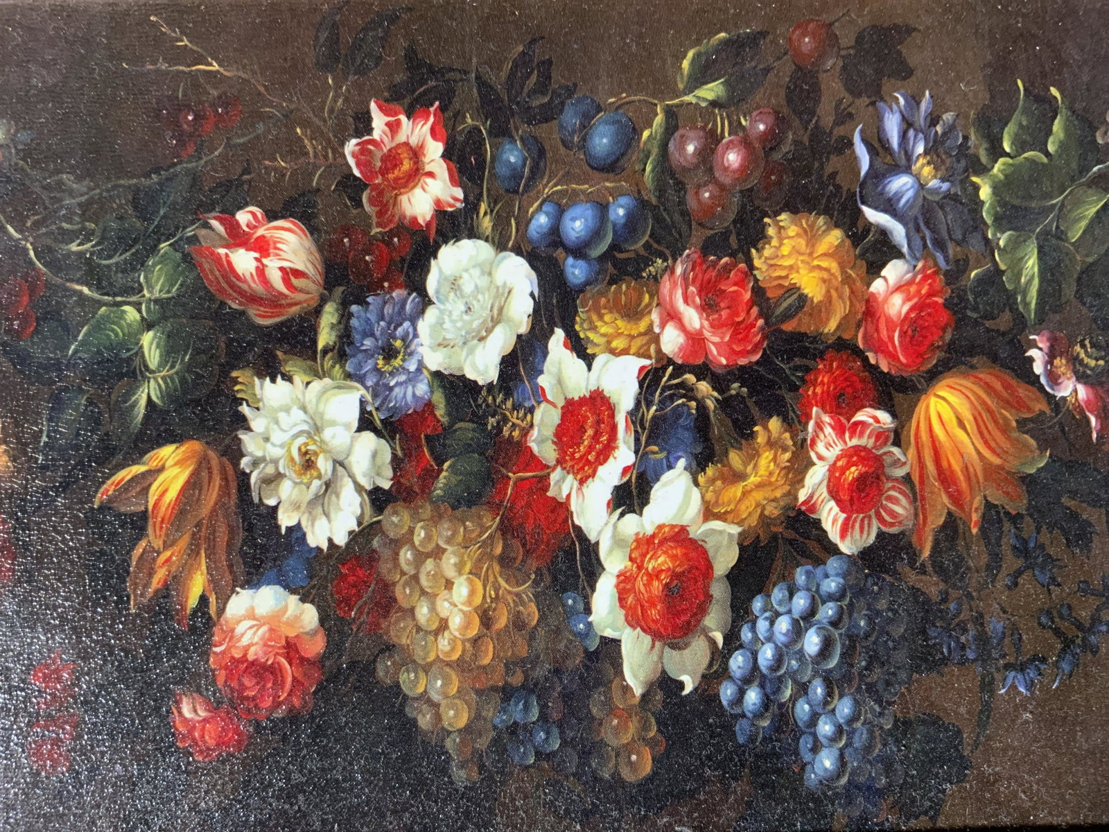 Baroque Still Life Offset Lithograph: Baroque Still Life Offset Lithograph, no apparent inscriptions or signatures, subject flowers and grapes, measures 7 3/4 x 13 7/8 inches, gilt wooden frame, some wear to frame, professionally framed, 