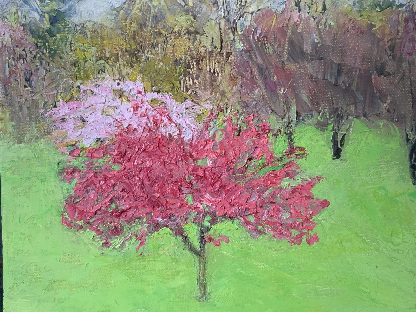 S.SINGER Signed Acrylic on Canvas, Artwork: S. Singer signed acrylic on canvas, signature and date to the lower right corner reads ‘S.Singer 2017’, subject an abstract scene with pink and brown trees, canvas mounted in a metal frame, measur