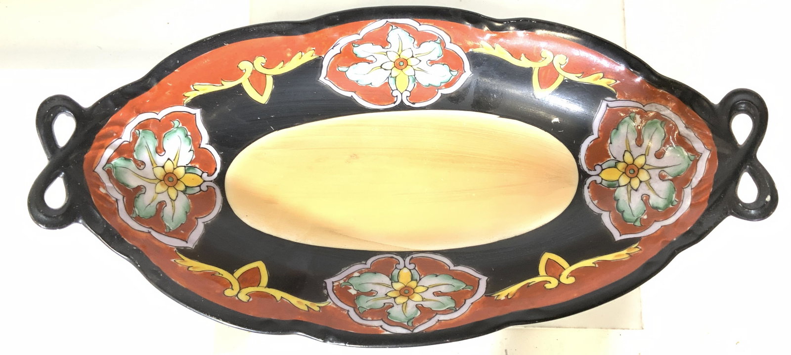 NORITAKE Hand Painted Serving Bowl, Japan: Vintage HALLMARKED NORITAKE Porcelain BOWL, stamp reads ‘NORITAKE Handpainted Japan’, decorative bowl handle. measures 12 inches L x 6 inches W. Property of Multi Generation Brooklyn collector’s