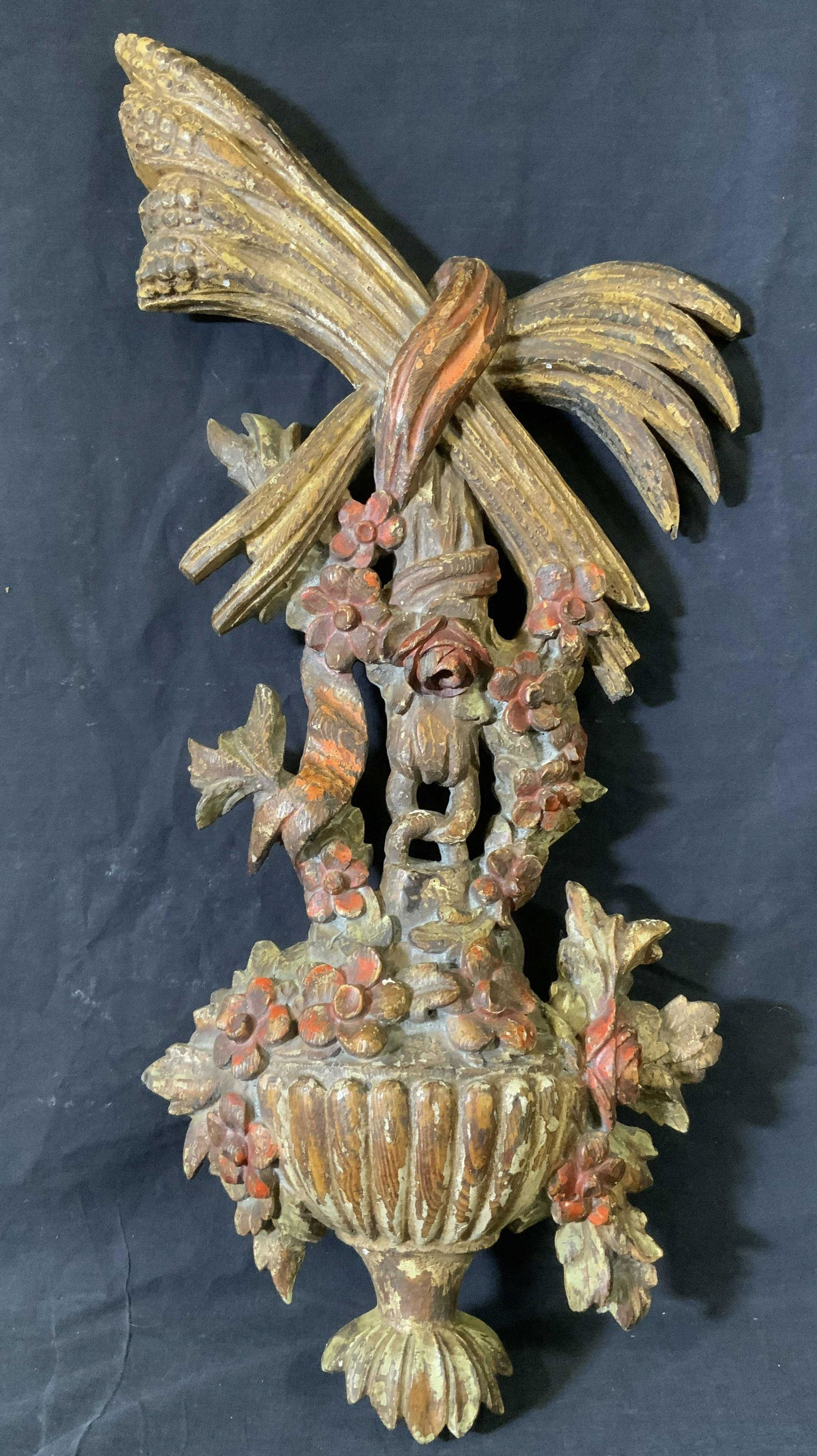 Wooden Wall Hanging of Wheat & Flowers: Wooden Wall Hanging of Wheat & Flowers, no apparent inscriptions or marks, measures 25 1/2 inches tall x 12 inches at widest point, Significant losses to pigment and wood, Wall hanging, wall accessory