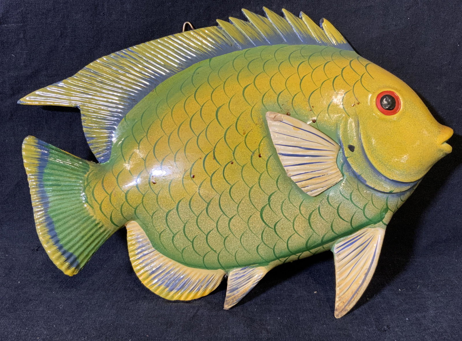 Group Lot 3 Composite Decorative Fish Figurals: Group lot 3 composite decorative wall fish, each has a tag to their reverse that reads ‘Made in China’, each is painted with its own design some cracks and wear to piece, largest of the three meas