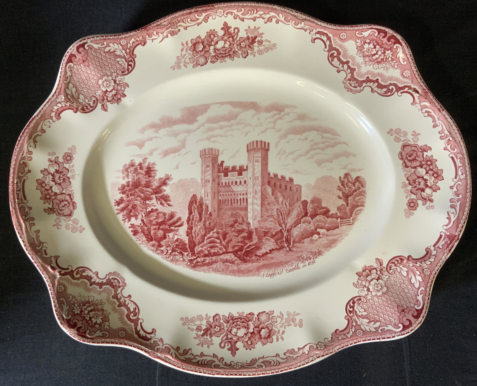 JOHNSON BROS Transfer Ware Centerpiece Platter: JOHNSON BROS Transfer ware Platter, stamp reads ‘Johnson Bros England Old Britain Castles’ and ‘Stratford Castle in 1792’, measures 14 3/8 x 17 1/8 inches, some surface wear to piece, Johnson 