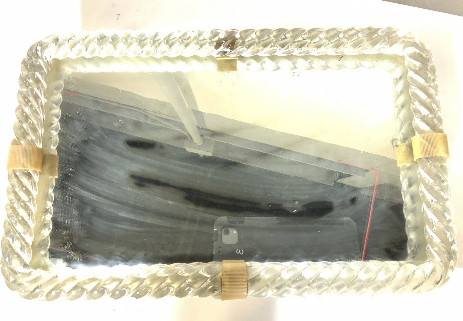 Vintage Twisted Glass Rim Mirror Vanity Tray: Vintage mirror tray for dresser top, bathroom, table decor, more. Twisted glass rim, retro 1940s No major surface issues to mirror. 16.5 x 11 x 1.25 in. Weighted piece. Property of Multi Generation Br