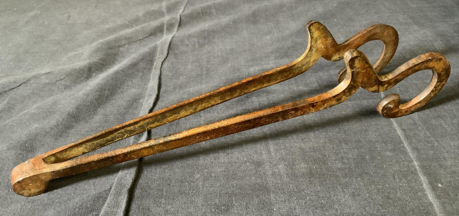 Vintage Iron Fireplace Tongs: Vintage Iron Fireplace Tongs, no apparent inscriptions or marks, measure 12 5/8 inches long x 3 3/8 inches at widest point, surface wear and rusting to piece, Vintage, iron, fireplace tong, tongs, met