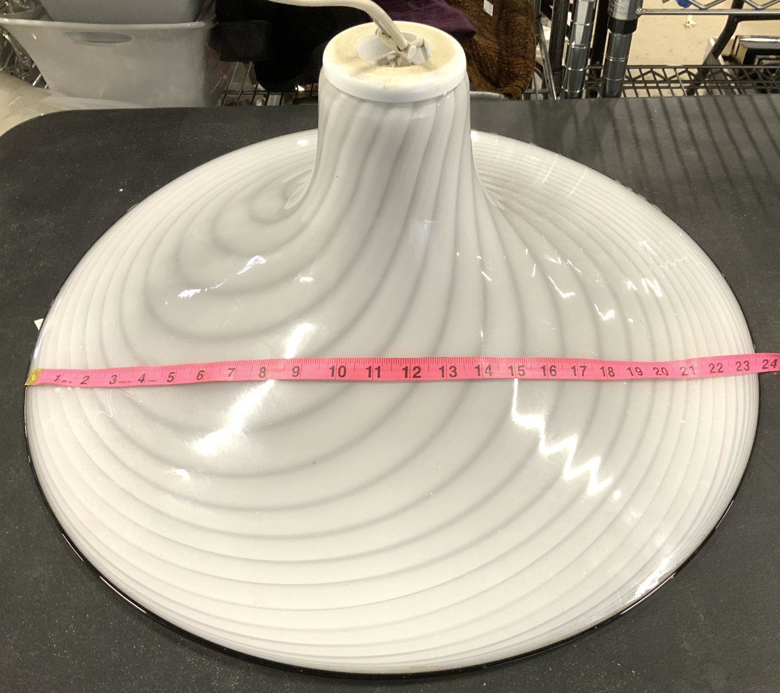 Modern wide Art Glass Ceiling Light Shade: Minimalist modern Art glass ceiling light, swirled pattern on frosted white glass with black rim. Spans 23 in. W, app 9 in. Ht. Heavy weight. Lighting, ceiling light, wide art glass pendant light, stu