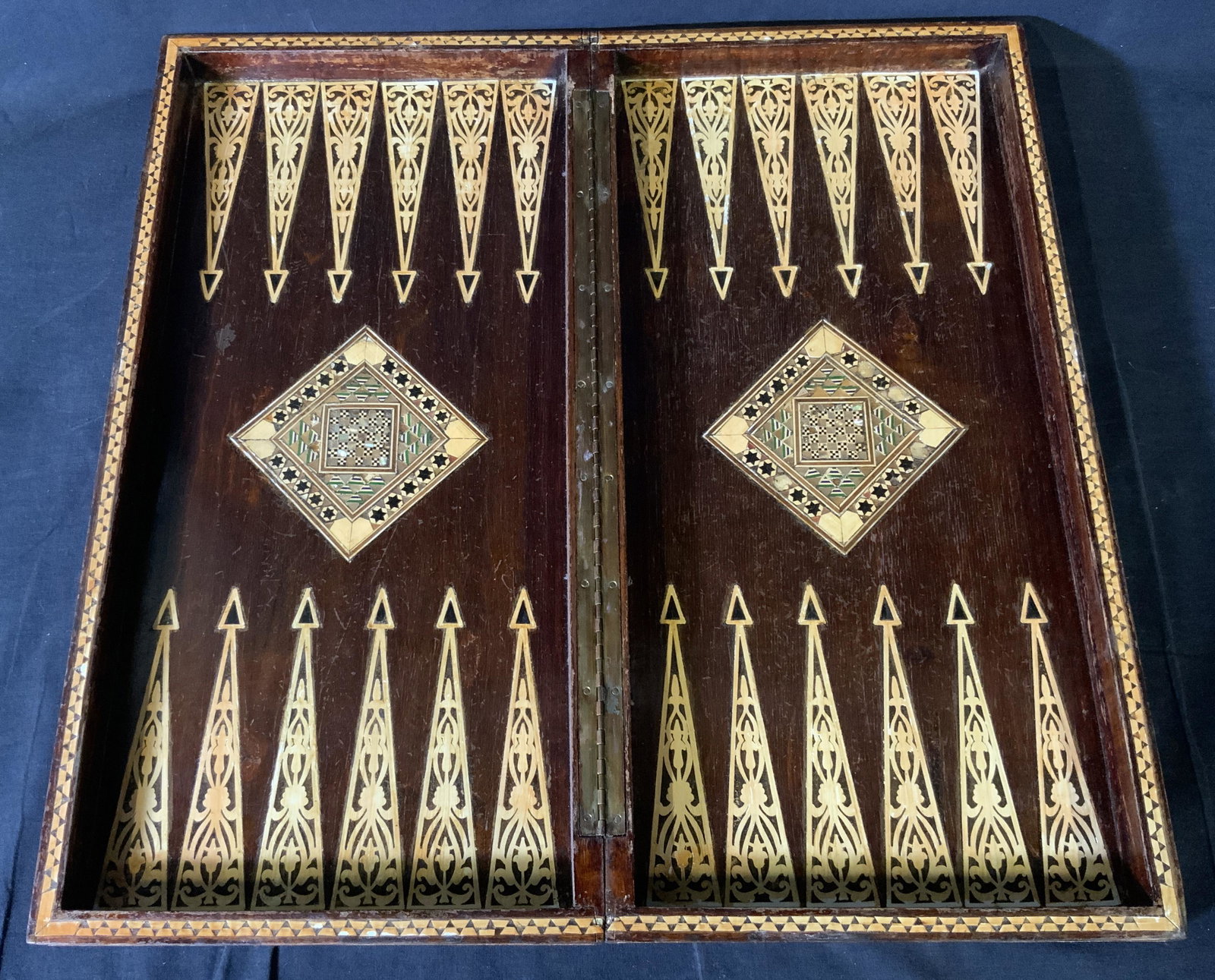 Inlaid Wooden Chess & Backgammon Board: Inlaid Wooden Chess & Backgammon Board, no apparent inscriptions or marks, measures 19 5/8 x 19 5/8 inches when open, measures 19 5/8 x 9 3/4 inches, 2 7/8 inches tall when closed, losses to wood and 