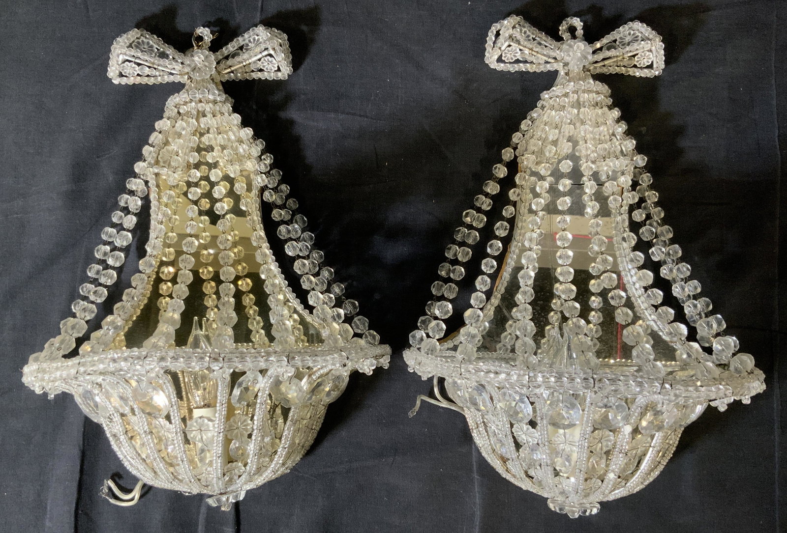 Pair Jeweled Wall Sconces: Pair Jeweled Sconces, no apparent inscriptions or marks, both measure 16 x 10 3/8 inches, some broken glass and missing decorative beads, needs re-wiring, Pair, sconce, lighting, lighting fixture, wal
