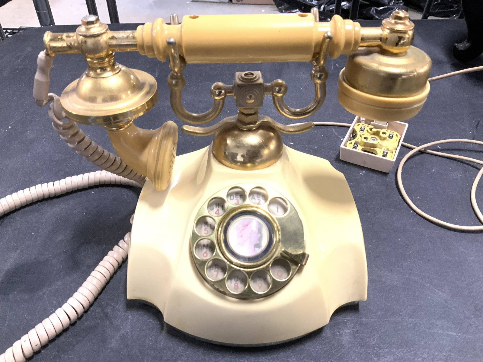 Collectible Celluloid Brass Rotary Dial Telephone: Hallmarked Onyx Telephone Center Corp serial/ model #00036, Japan. Vintage, replica of antique model, c.1930s, 1940s , celluloid or possibly Bakelite with brass metal and brass toned accents. Measures