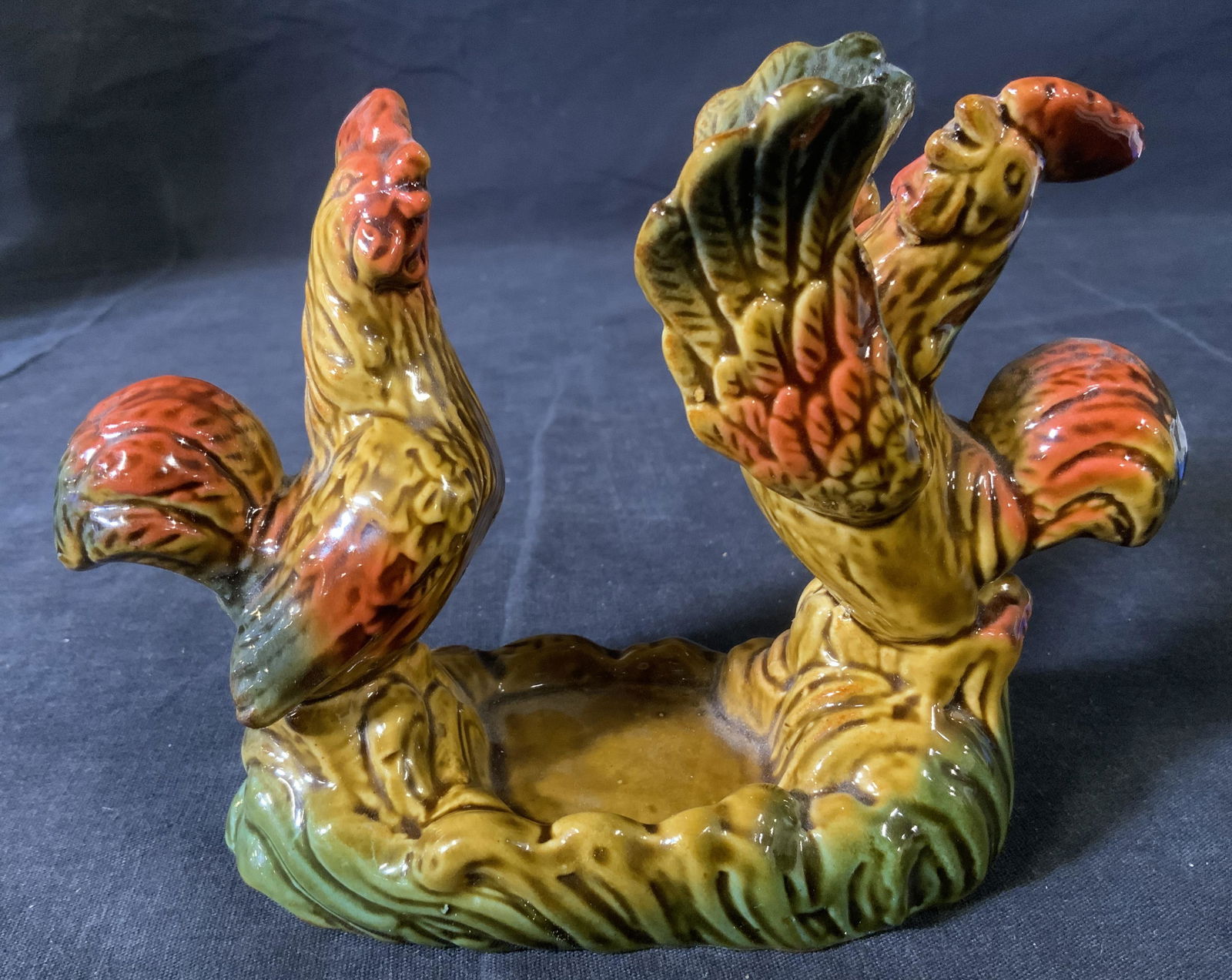 Napkin Holder with Rooster Figurals: Napkin Holder with Rooster Figurals, no apparent inscriptions or marks, measures 4 5/8 inches tall x 6 1/8 inches at widest point, some surface wear to piece, Property of multi generation Brooklyn col