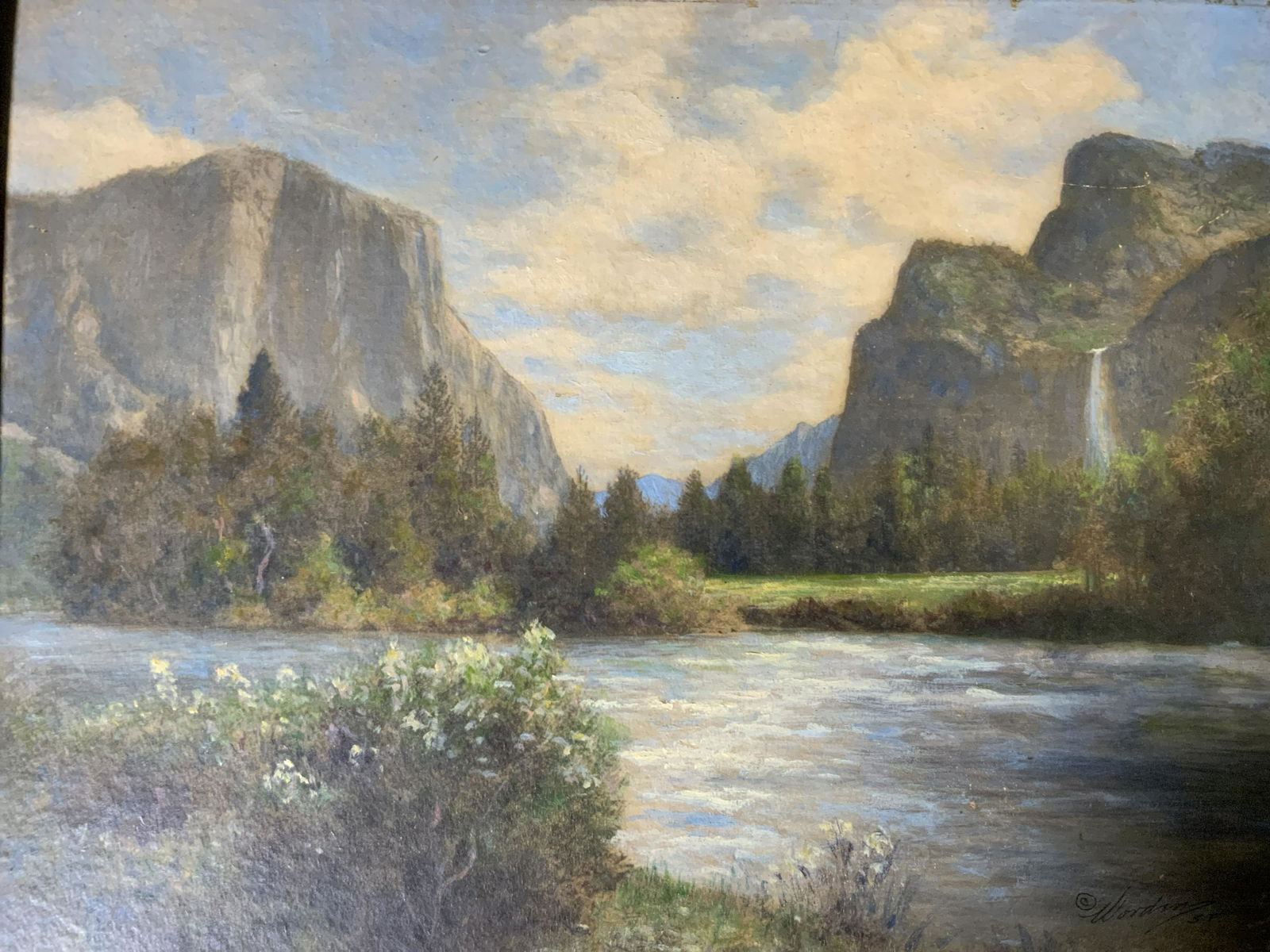 WILLARD E WORDEN Signed Hand Painted Photo: WILLARD E WORDEN Signed Hand Painted Photograph on board, signature to lower right reads ‘WORDEN SF’, subject a lake amongst mountains, measures 15 3/4 x 18 3/4 inches, wooden frame, some surface