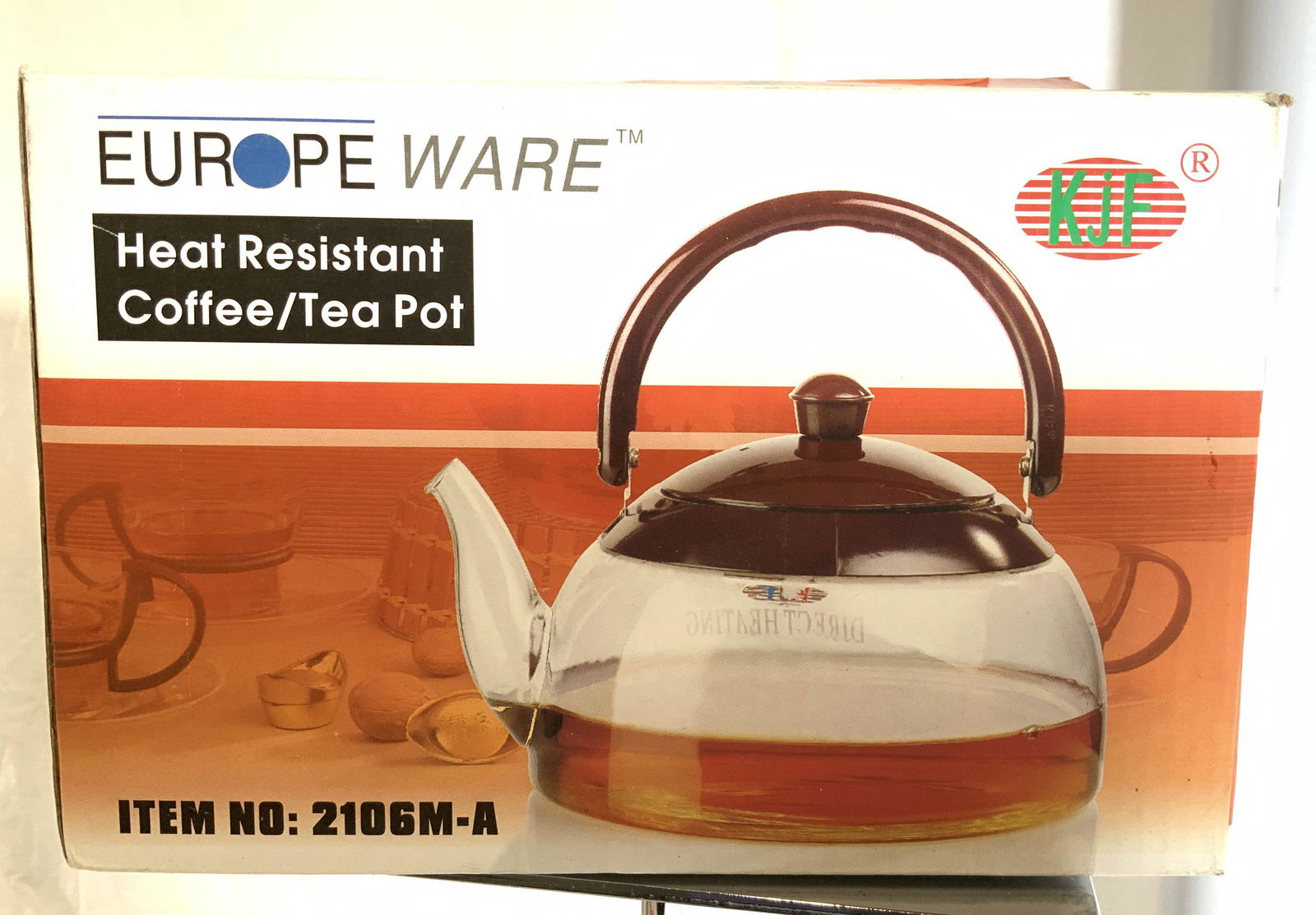 Europe Ware Heat Resistant Coffee Tea Pot, Org Box: Glass coffee or tea pot with lid, comes in original box with instructions. Item # 2106M- A Heat resistant . Has carry handle 4 in. Ht, 9 in. W. Holds 1800 ml/ 7.6 cups. Properly of Multi Generation Br