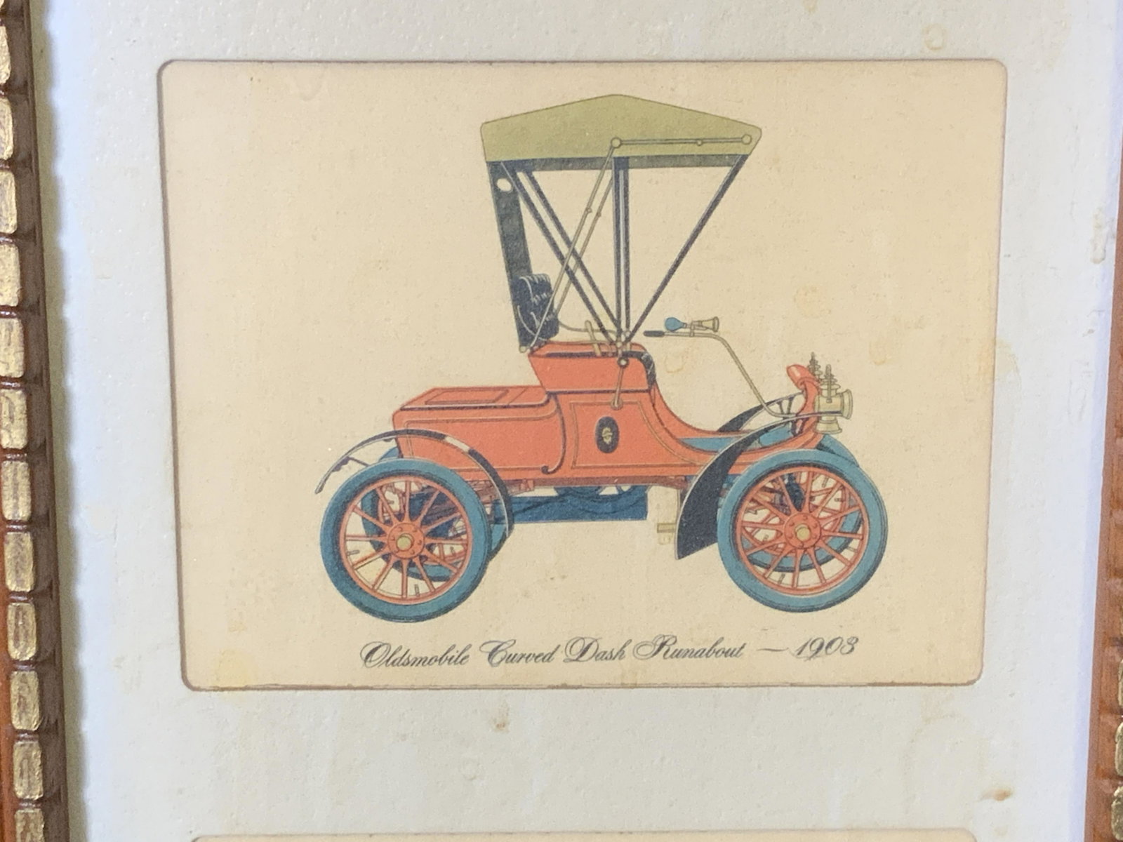 Framed Three Paneled Automotive Lithographs: Framed three paneled automotive lithographs, each panel displays a different kind of antique automotive vehicle with a description and date to each, text from top to bottom reads ‘Packard 48 Coupe 1