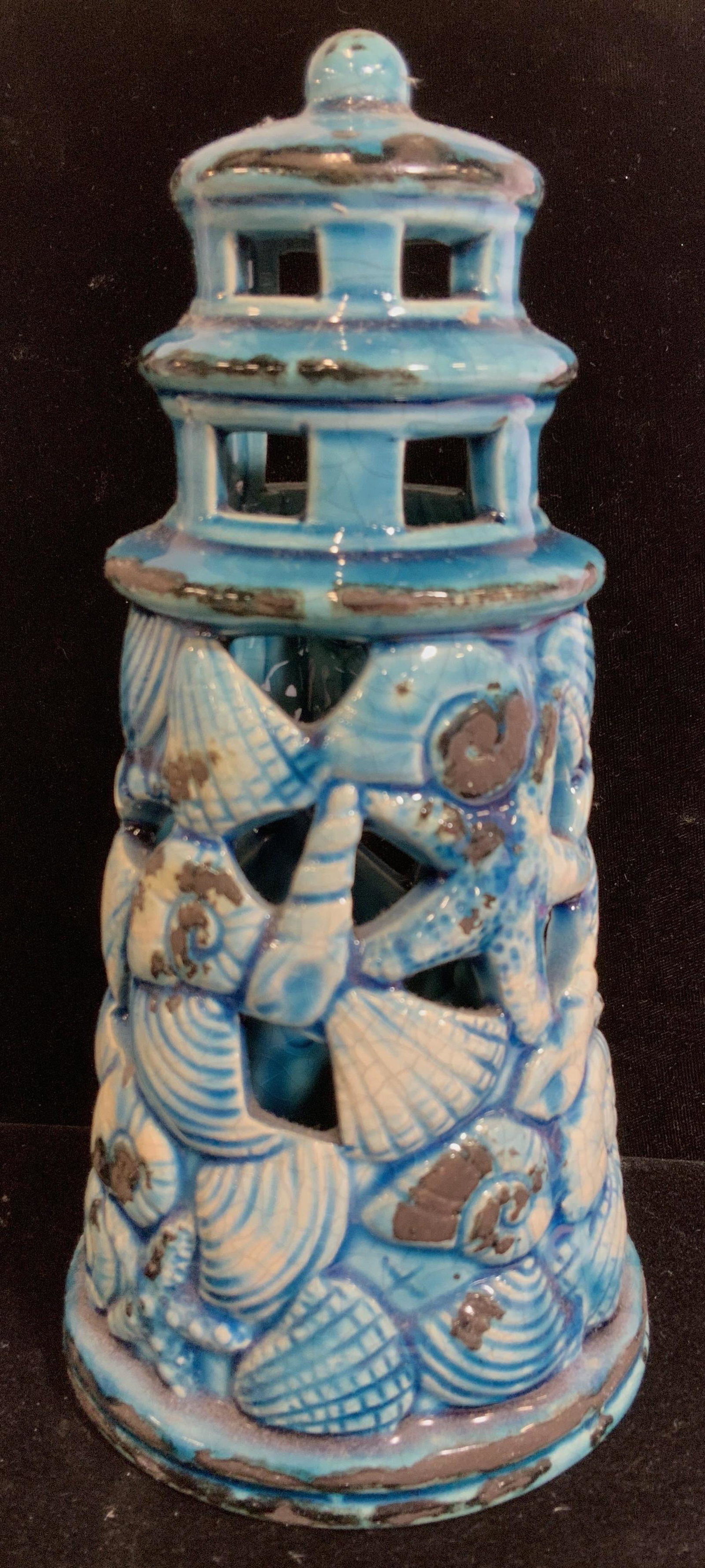 Glazed Ceramic Shell Motif Lighthouse Light Decor: Four carved and lacquered wooden Asian stands. Various red hues. Various shapes & designs, all pieces stout. Can be used for displaying items, plants, and more. Some surface scratches, wear consistent