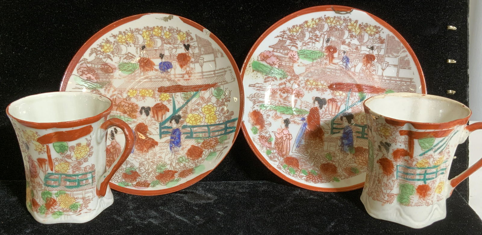 Set 4, Pair Tea Cup and Saucer Fine Bone China,: Japan. Set 4, 2 Pair of Tea Cups and Saucers, 1 plate marked Made in Japan. Hand painted on fine bone/translucent porcelain. Intricate detail of daily life, Japanese women dressed in traditional cloth