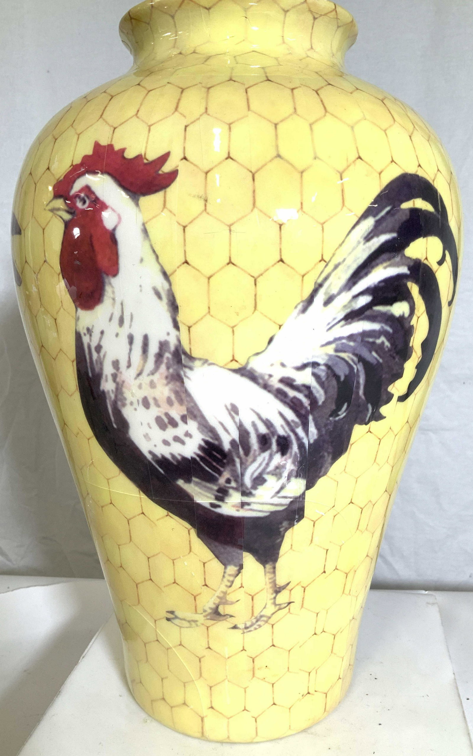 ROOSTER TRANSFER WARE Ceramic Vase: Yellow vessel/vase, 13 x 8 in. Motif of roosters, peeling to transfers ware material and cracks to surface Rooster motif, vase, vessel, ceramics, transfer ware vessel, country home decor, collectibles