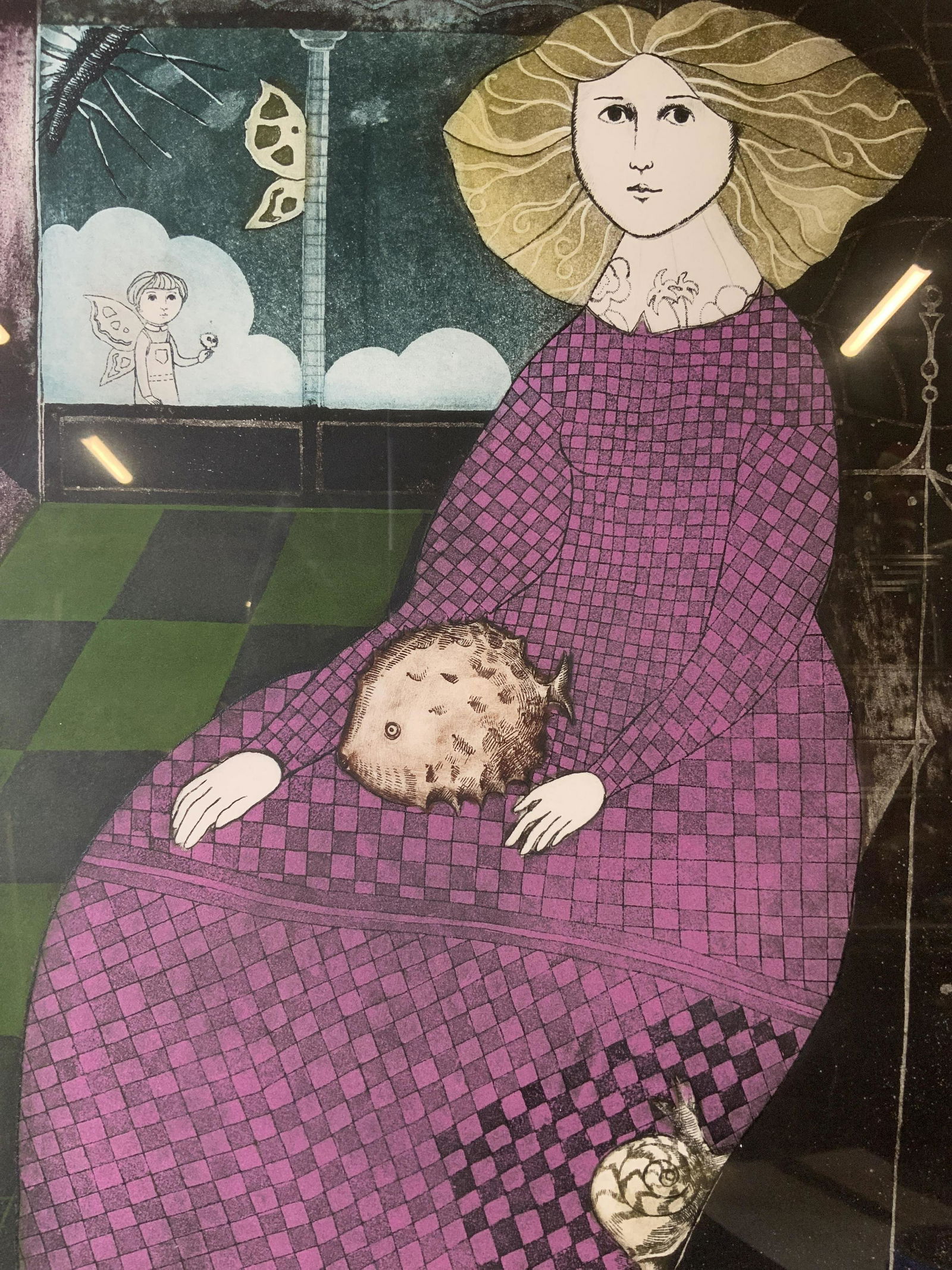 LETICIA TARRAGO Signed Etching & Aquatint: LETICIA TARRAGO Signed Etching & Aquatint, signature to lower right reads ‘Leticia TARRAGO’, edition to lower left reads ‘32/100 Figura con pez’, subject a woman with a puffer fish, measures 2