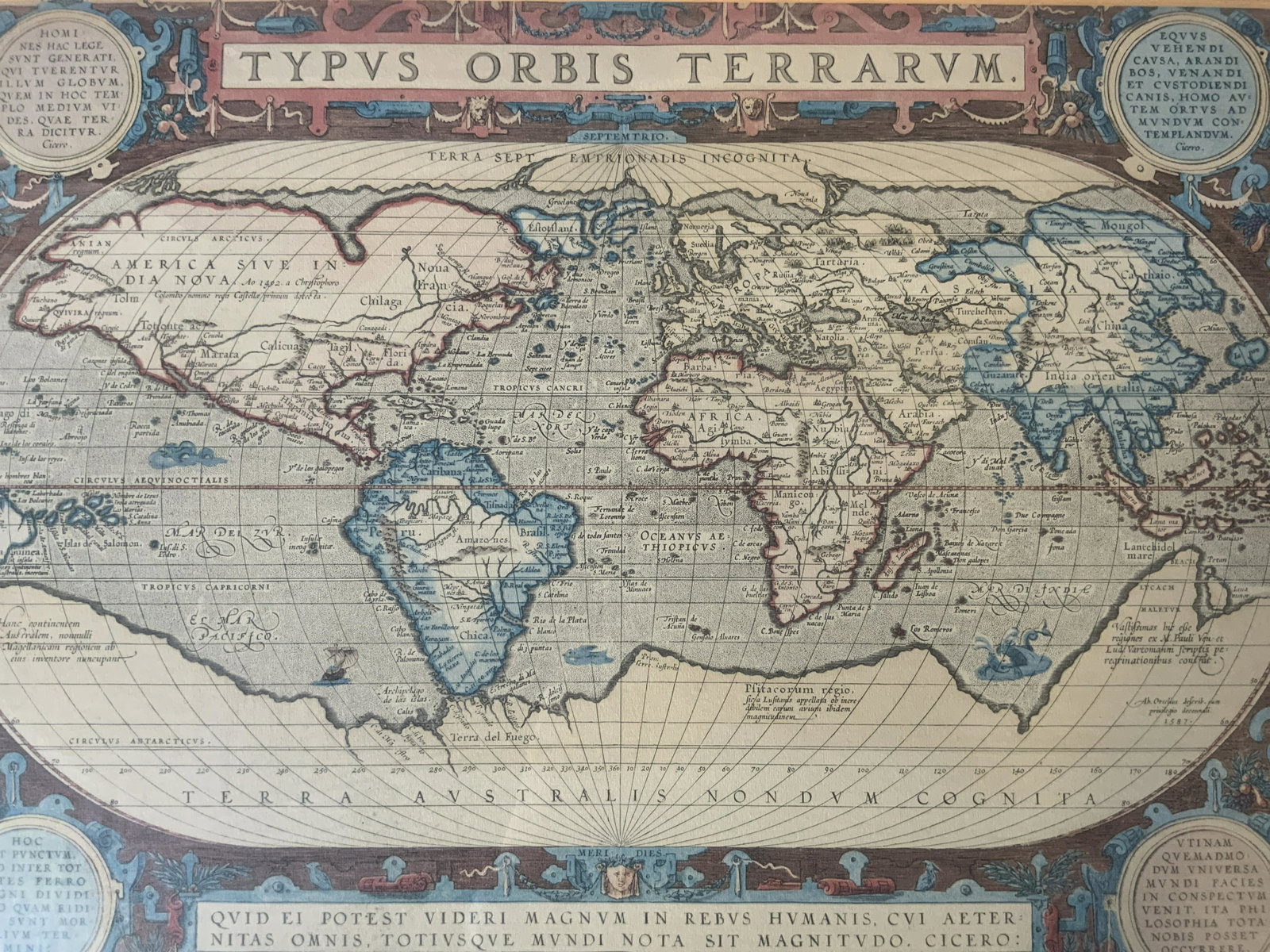 WILLEM BLAEU Map of the World Lithograph: WILLEM BLAEU Map of the World Lithograph, inscriptions to piece in Latin, label to reverse gives information on piece and artist, label to reverse reads ‘Picture Framing’, subject a map of the wor