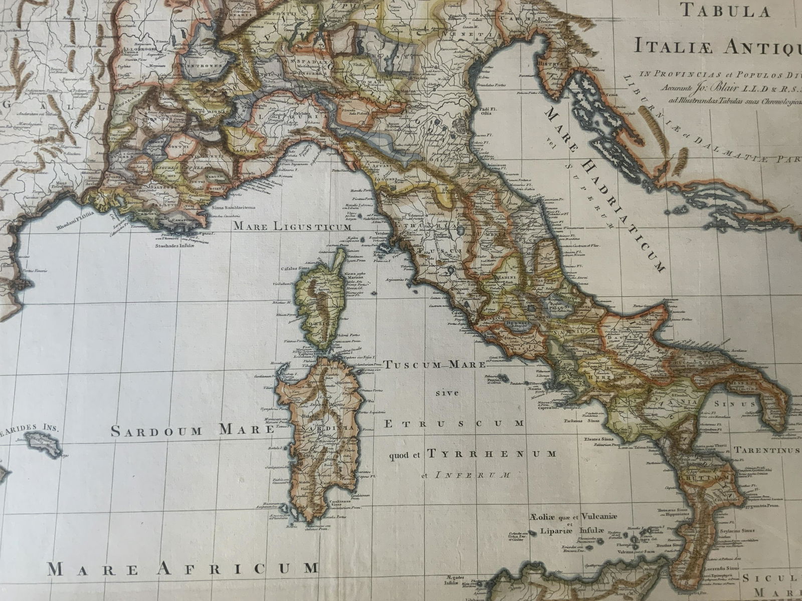 JOHN BLAIR Map of Italy Lithograph: JOHN BLAIR Map of Italy Lithograph, inscriptions to piece in Latin, subject a map of Italy, label to reverse reads ‘Picture Framing Pincus Art Shop’, measures 23 x 28 7/8 inches, black and gilt wo