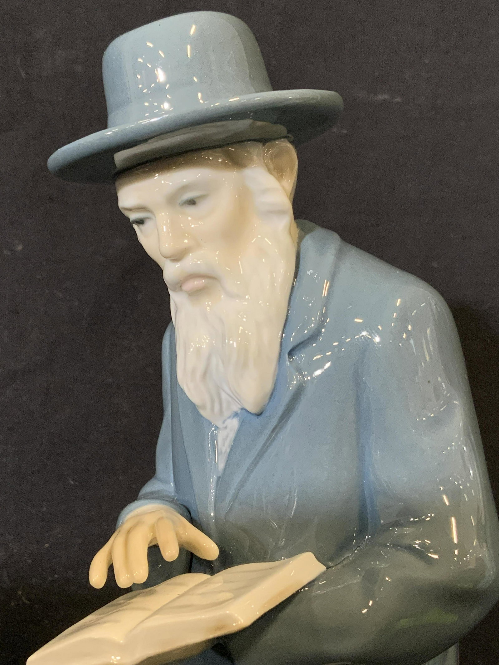 Vintage NAO LLADRO RABBI Holding Book: Underside is marked NAO HANDMADE IN SPAIN BY LLADRO. Figural depicts a standing Rabbi holding a book. Sculptor: José Roig. Piece measures approx 12 inches tall 3.5 inches wide 4 inches deep. Lladro, 