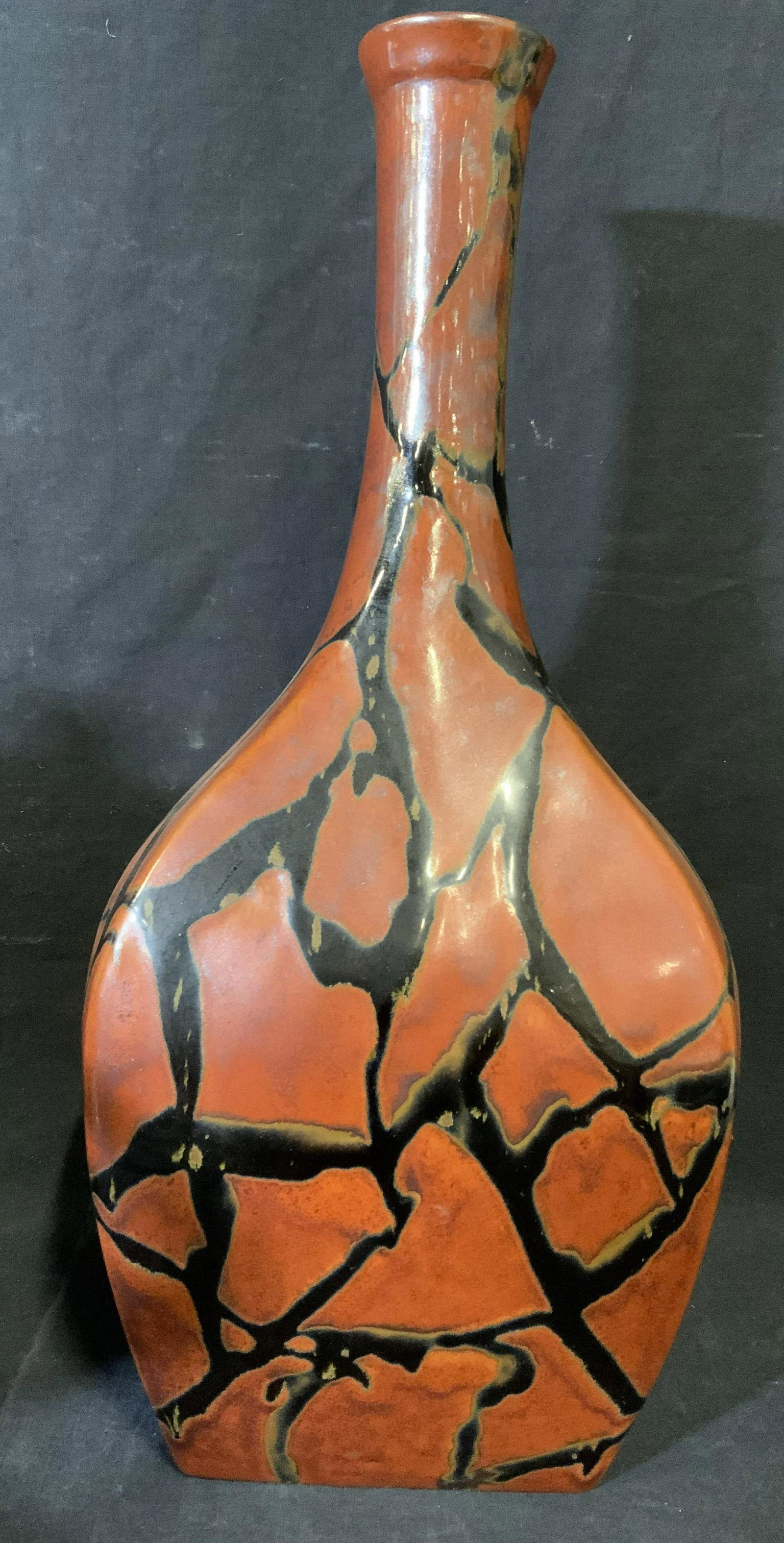 Vintage Glazed Ceramic Vase: Vintage ceramic vase. Colored with black and terracotta tones. Measures approx 18 inches H, 8 inches W. Wear is consistent with age and use. Flower pot, planter, vase, home decor, vintage ceramics. 9