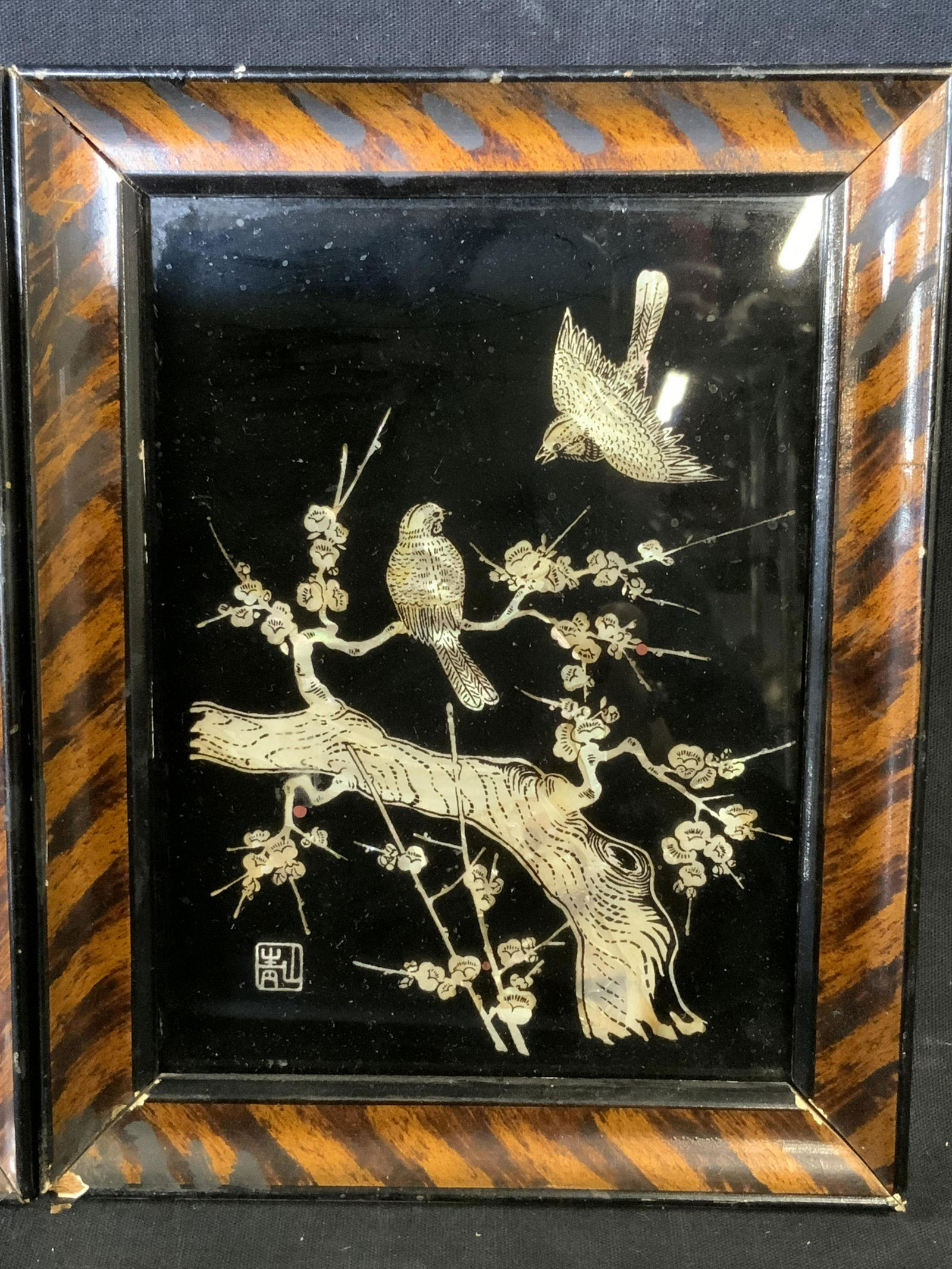 Abalone Shell Inlay Asian Artwork: Abalone Shell inlay Asian artwork, abalone Shell possibly mother of pearl inlay, Asian text to the upper right corner of one and to the lower left corner, the first depicts a mountainside town, the se