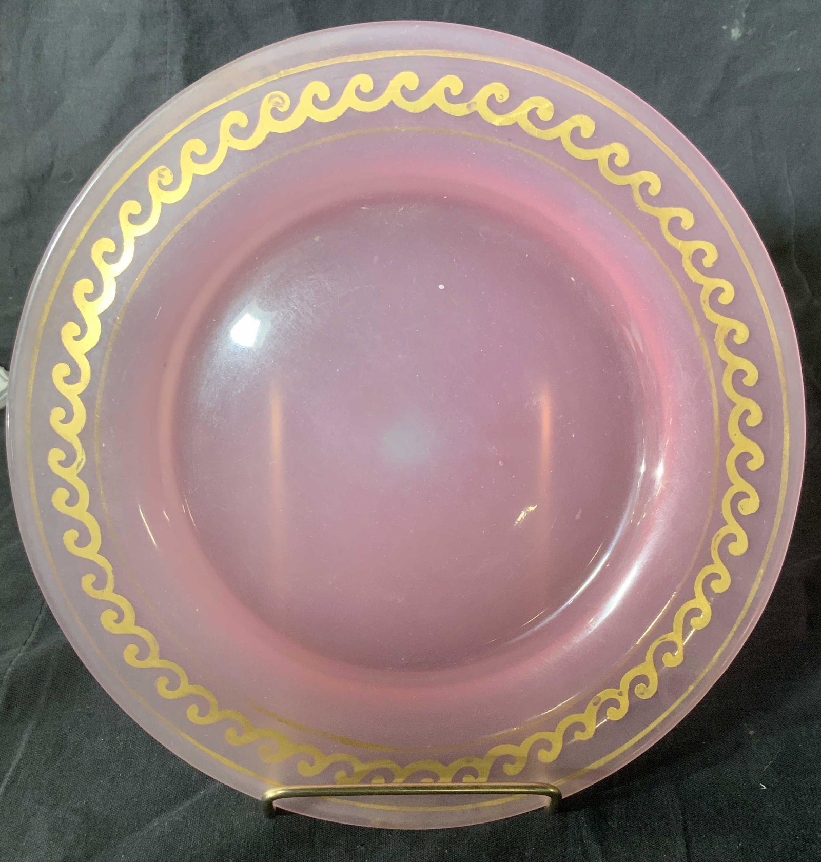Vintage Frosted Pink Glass Plate w Gilt Wave: 8.75 in. Pink frosted glass, light fading of color, gilt wave design on rim, vintage art glass plate. Vintage Glassware plate, art glass, pink frosted glass plate, dinner plate, Edwardian gilt glass p