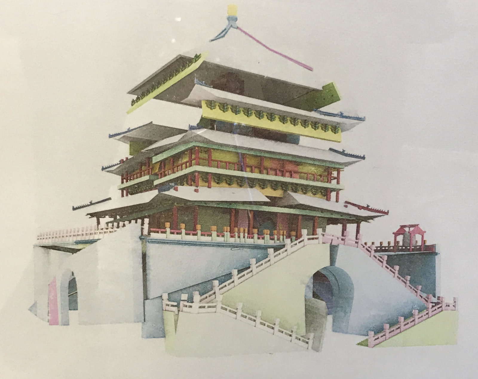 WANG JIYU Signed Ltd Ed Lithograph, Asian pagoda: Wang Jiyu Signed limited edition lithographic architecture, Signature date and text to lower center border reads ‘Wang jiyu, Bell Tower, 3/10 2009’, subject a building made of various brightly col
