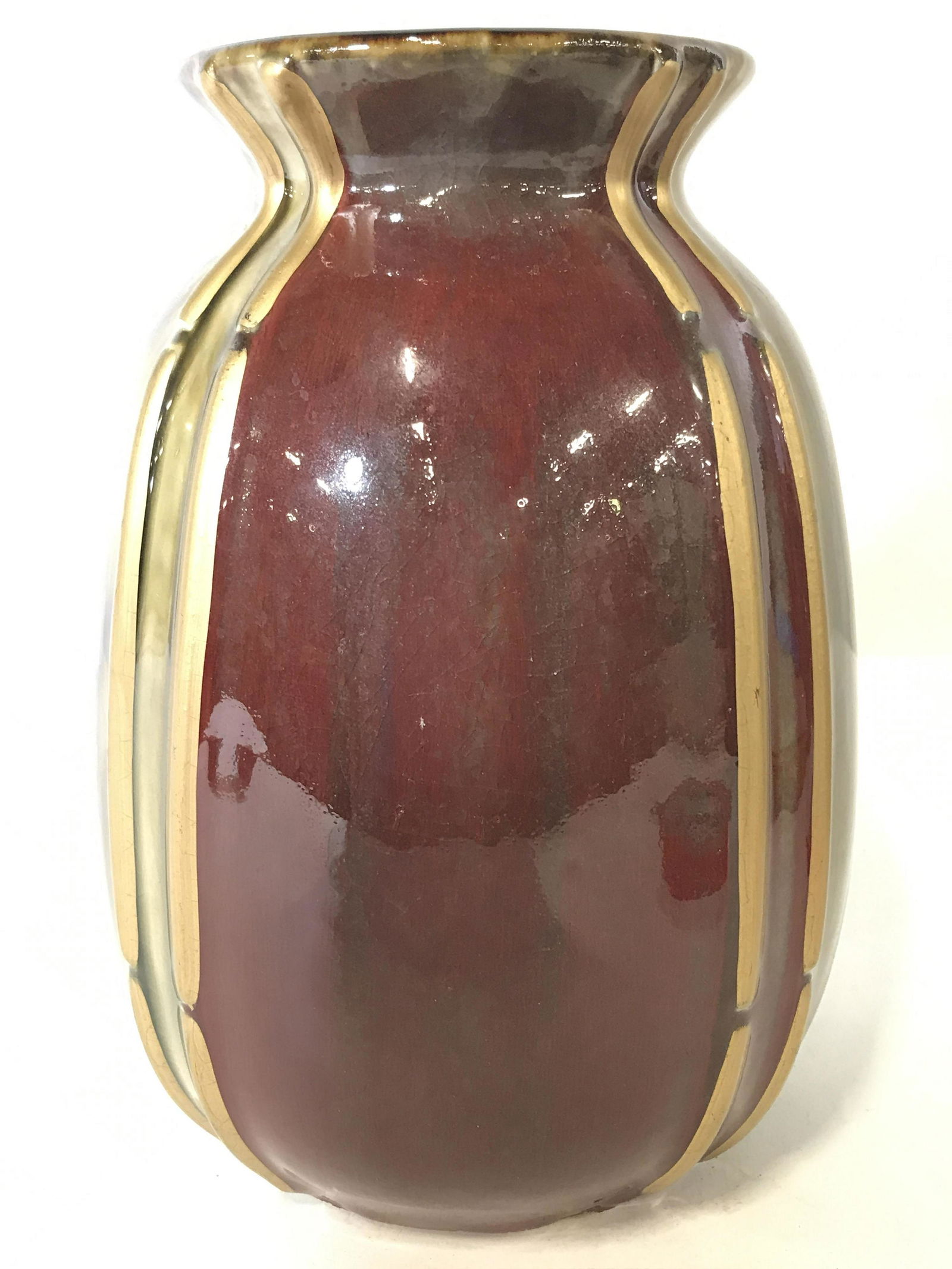 Vintage Multi Toned Porcelain Vase: Vase appears to be porcelain possibly ceramic. Piece has tones of olive, gold, and maroon. Piece measures approximately 10 inches tall 7 inches wide. Vase, porcelain vase, centerpiece, tabletop access