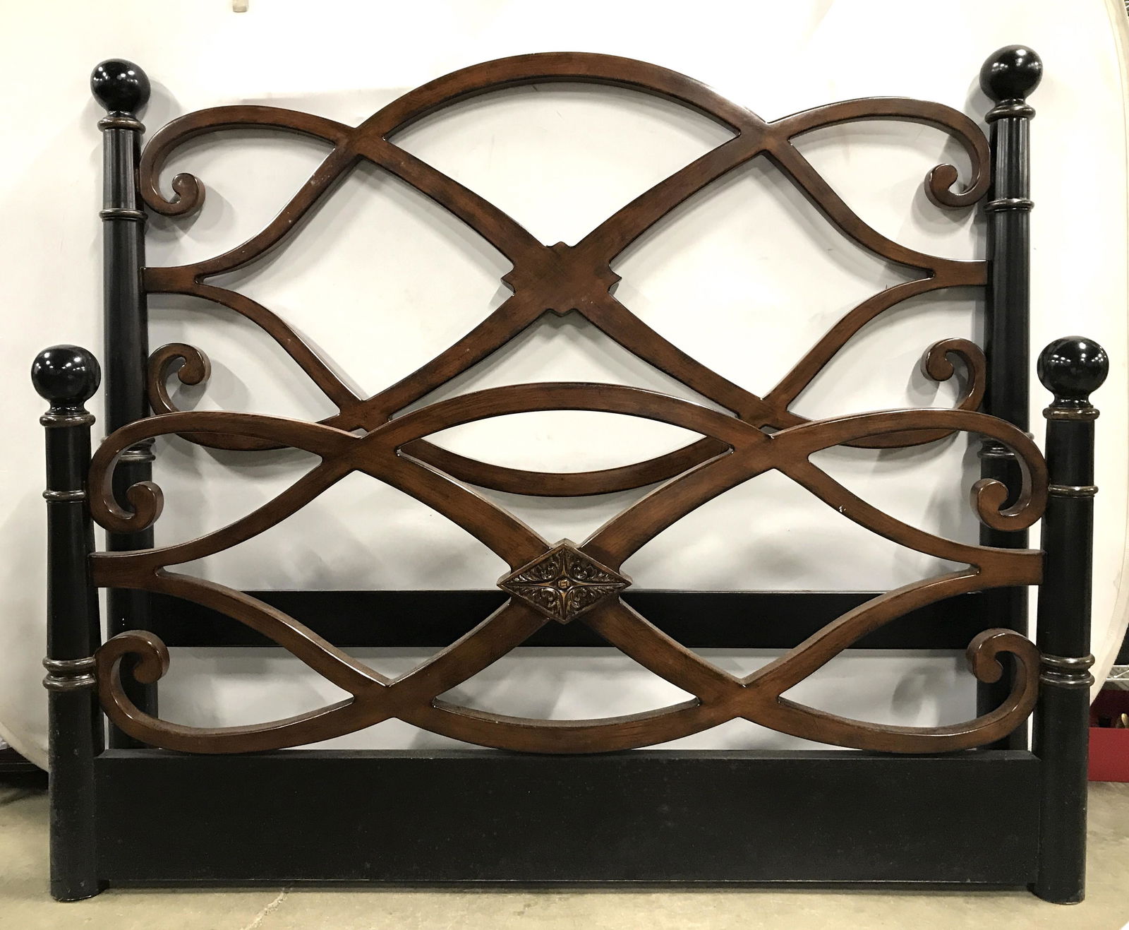 Set 2 Carved Wooden Head & Footboard: Each piece is wooden, possibly vintage. Piece is brown and black toned with curved detail and carved area in center. Tops of sides have spherical shaped structures. Bed frame, headboard, footboard, wo