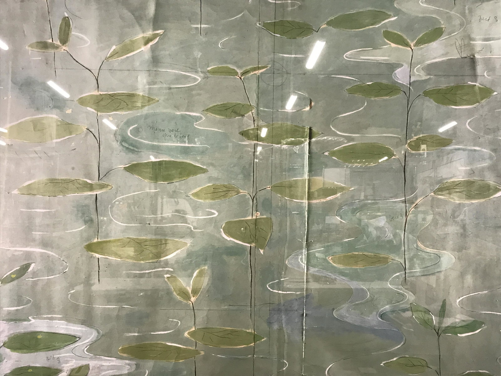 Oversized French Lilly Pad Print: Oversized French lily pad print, no apparent signatures or stamps, subject a scene in various shades of green displaying lily pads in sea green water, various words in French along with numbers to pie