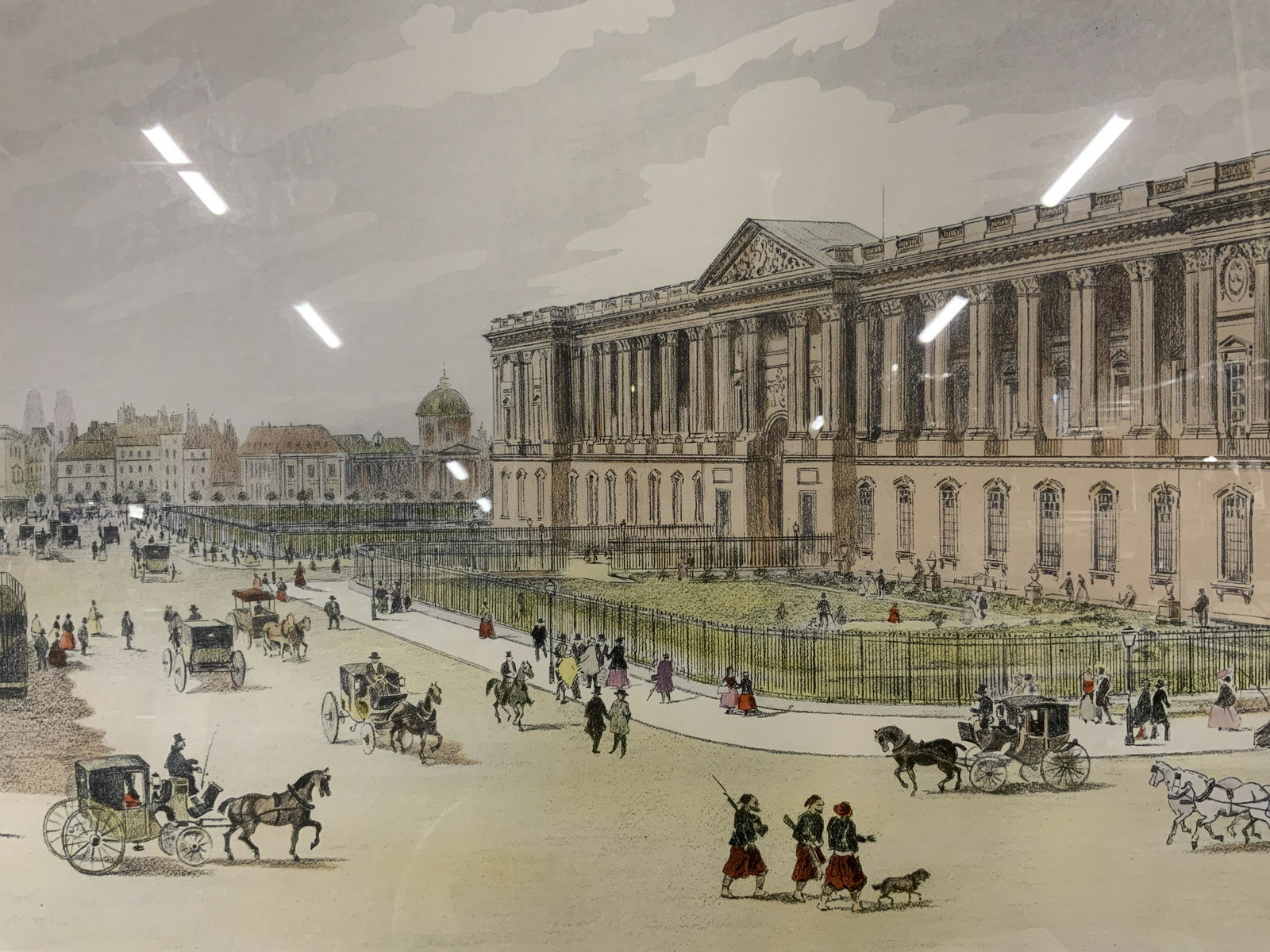 FELIX BENOIST Lourve Lithograph Artwork: FELIX BENOIST Lourve Lithograph, label to reverse reads ‘Manufactured by Intercraft Industries Gold Cin 20 x 34 hand colored Paris Scenes’, subject figures walking down the street, measures 24 7/8