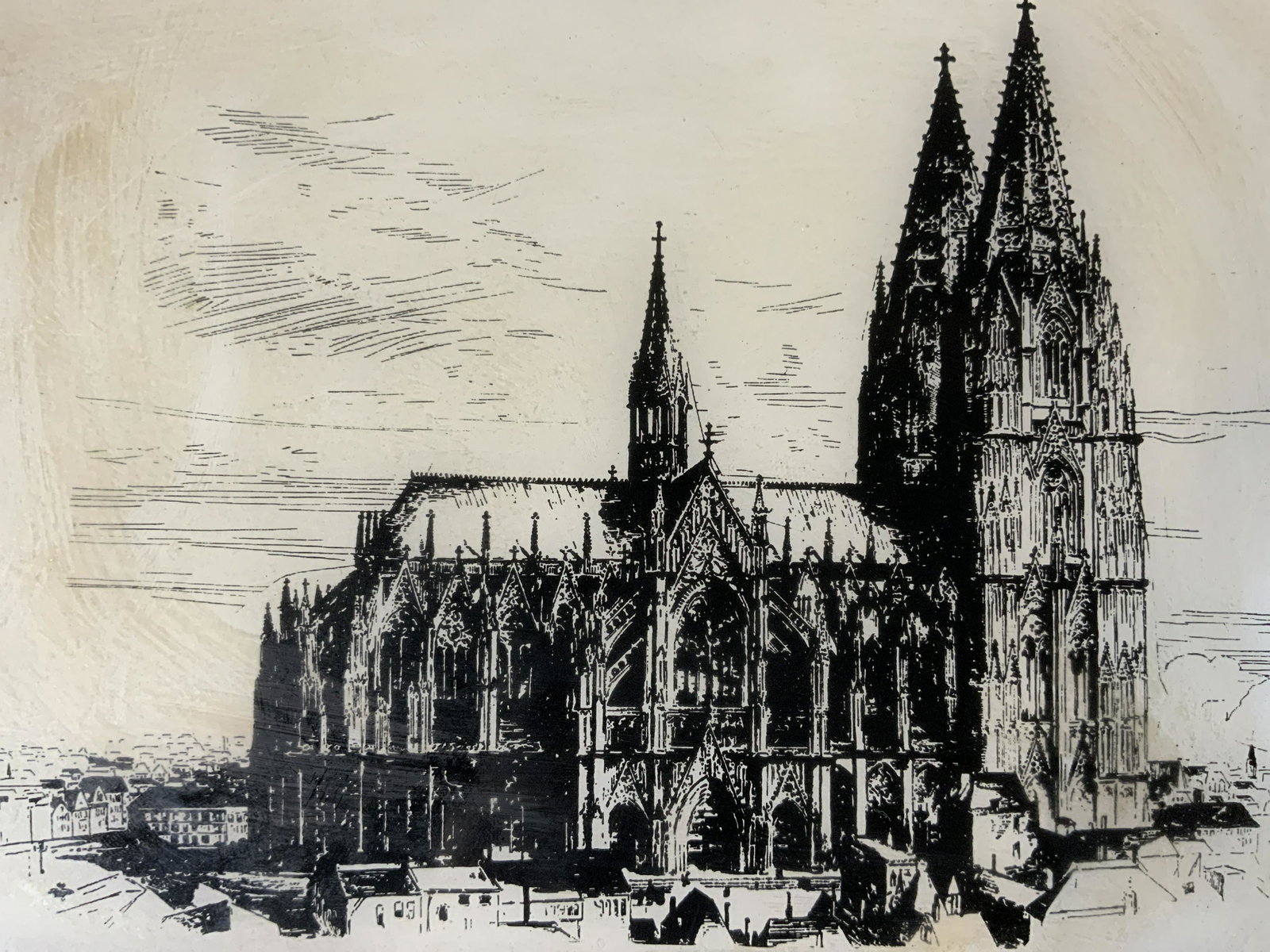 Pair Gothic Cathedral Lithographs Artwork: Pair Gothic Cathedral Lithographs, labels read ‘Artistically Styled for your home by Andrew Kolb’, subject, two gothic buildings, both measure 9 3/4 x 7 3/4 inches, black wooden frames, some surfa
