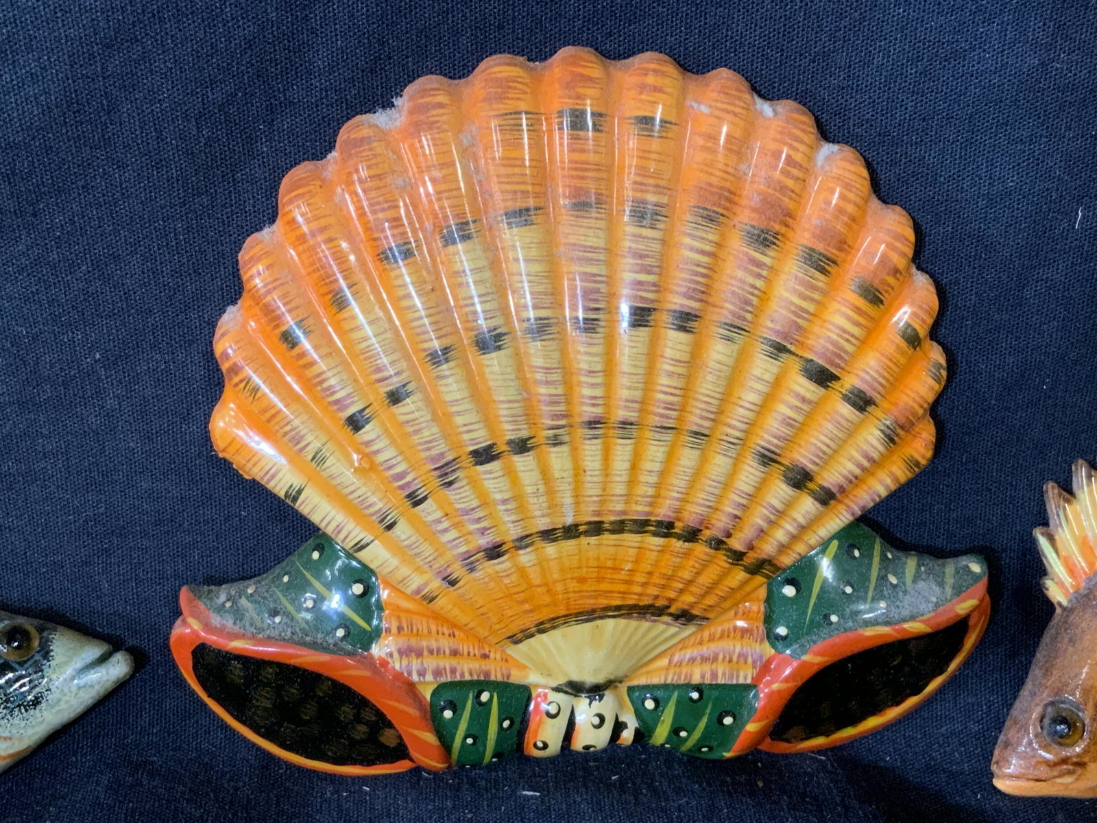 Group 5 Aquatic Life Magnets: Group 5 aquatic life magnets, lot contains four fish magnets and a seashell magnet, most all have tag to reverse that reads made in china, each is uniquely designed and has its own shape, seashell mag