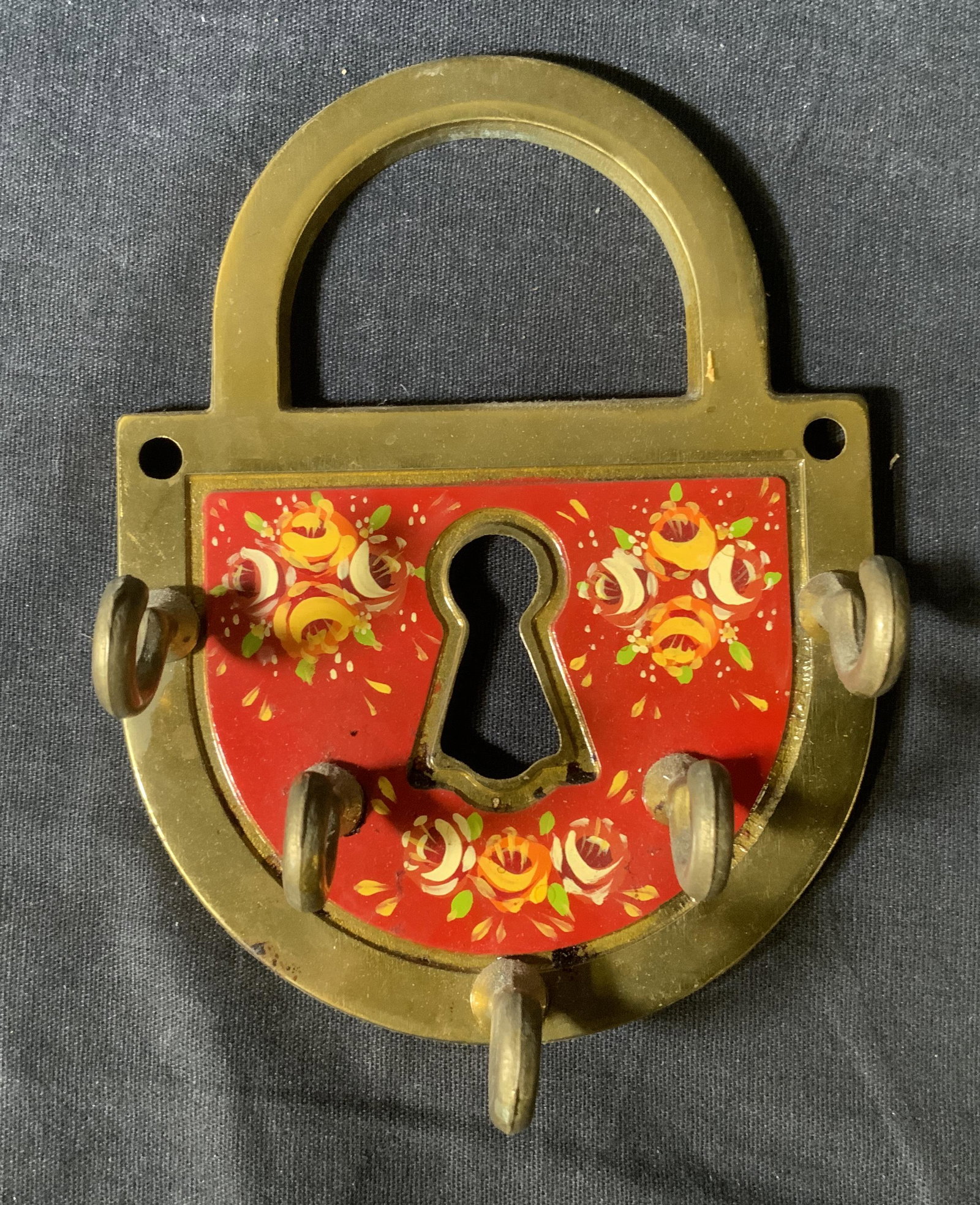 Hand Painted Brass Key Holder: Hand Painted Brass Key Holder, label reads ‘Hand Painted by Anne Young’, measures 5 3/8 x 4 1/8 inches, some surface wear to piece, Property of multi generation Brooklyn collector’s estate Key h