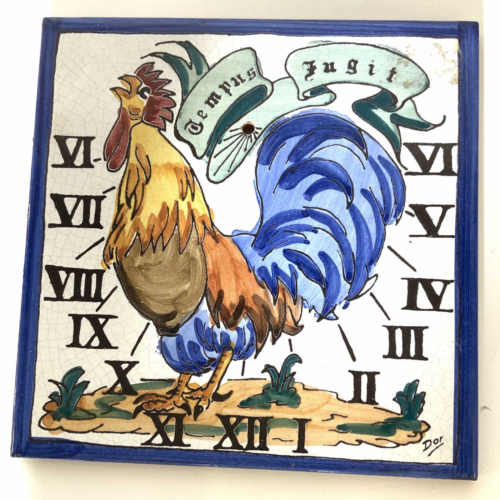 Lot 4 Hand Painted Tiles/Wall Art, Spain: Vintage tiles, yellow, white and blue pattern made in Spain, 5.75 in. Rooster tile , signed DOR, made in Spain, 5.75 in. Radish and buggy tiles have cork on verso and can be hung on wall, crack to edg