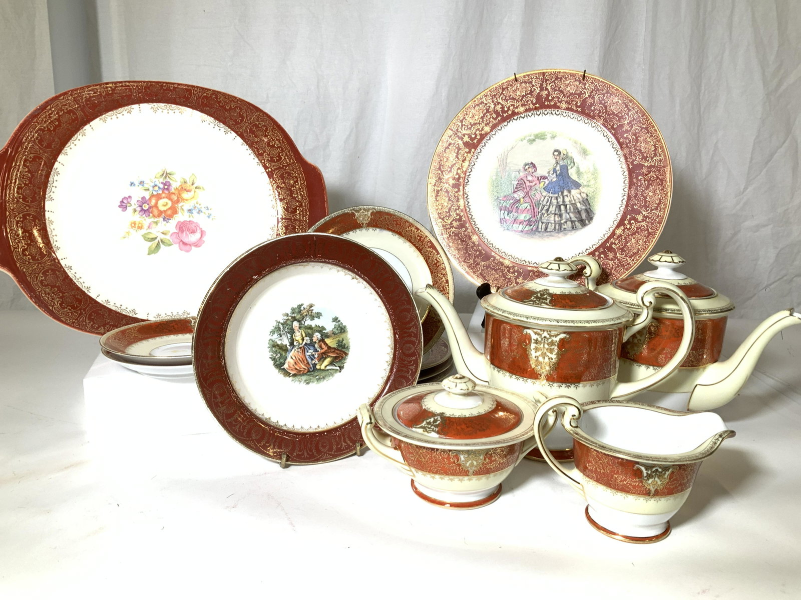 Coordinating Saffron & Gilt Dinnerware 55 pcs: Vintage Porcelain China sets, partial sets that coordinate. Use highlighted pieces as features for server ware, use table setting of 4 available, tea service, more. Makers include Century by Salem w 2